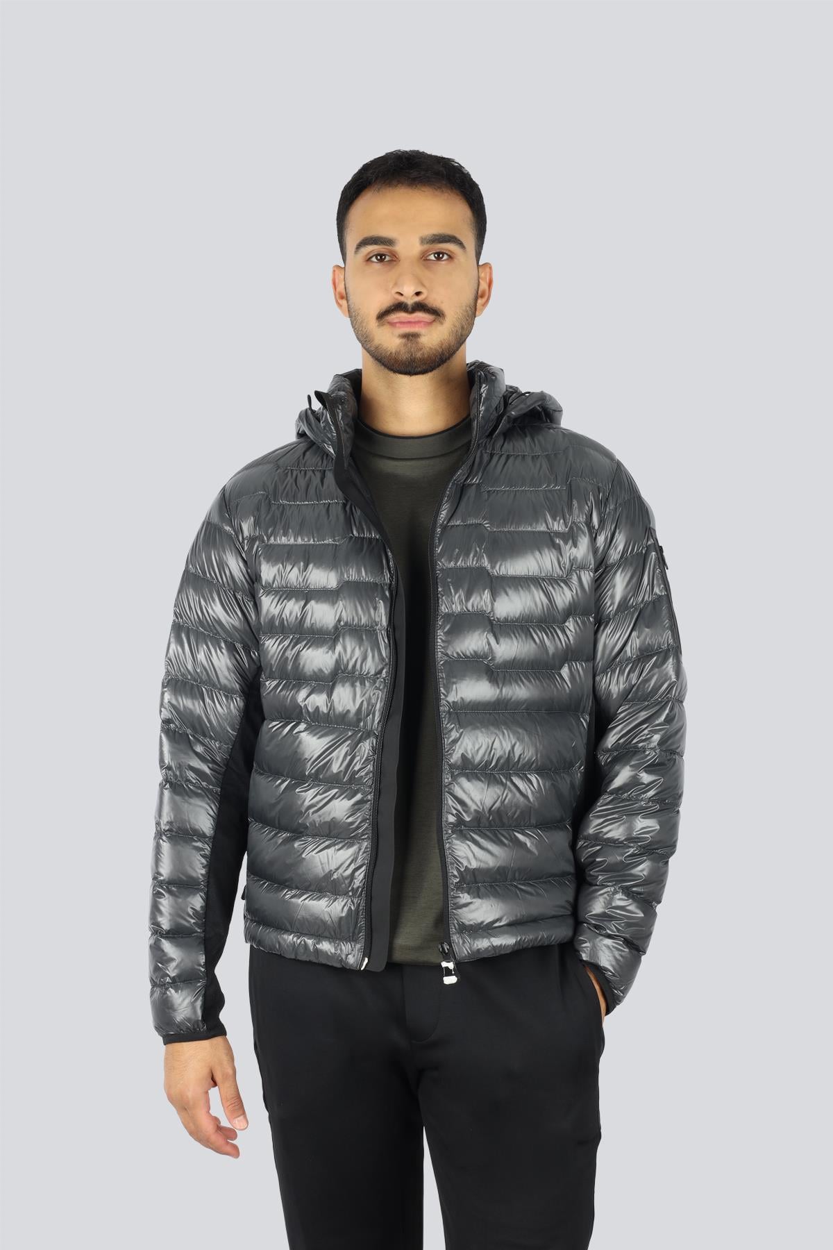 BOSS  BOSS Erkek Kuş Tüyü Dolgulu Kapüşonlu Uzun Kollu Gri Mont 50541299-027