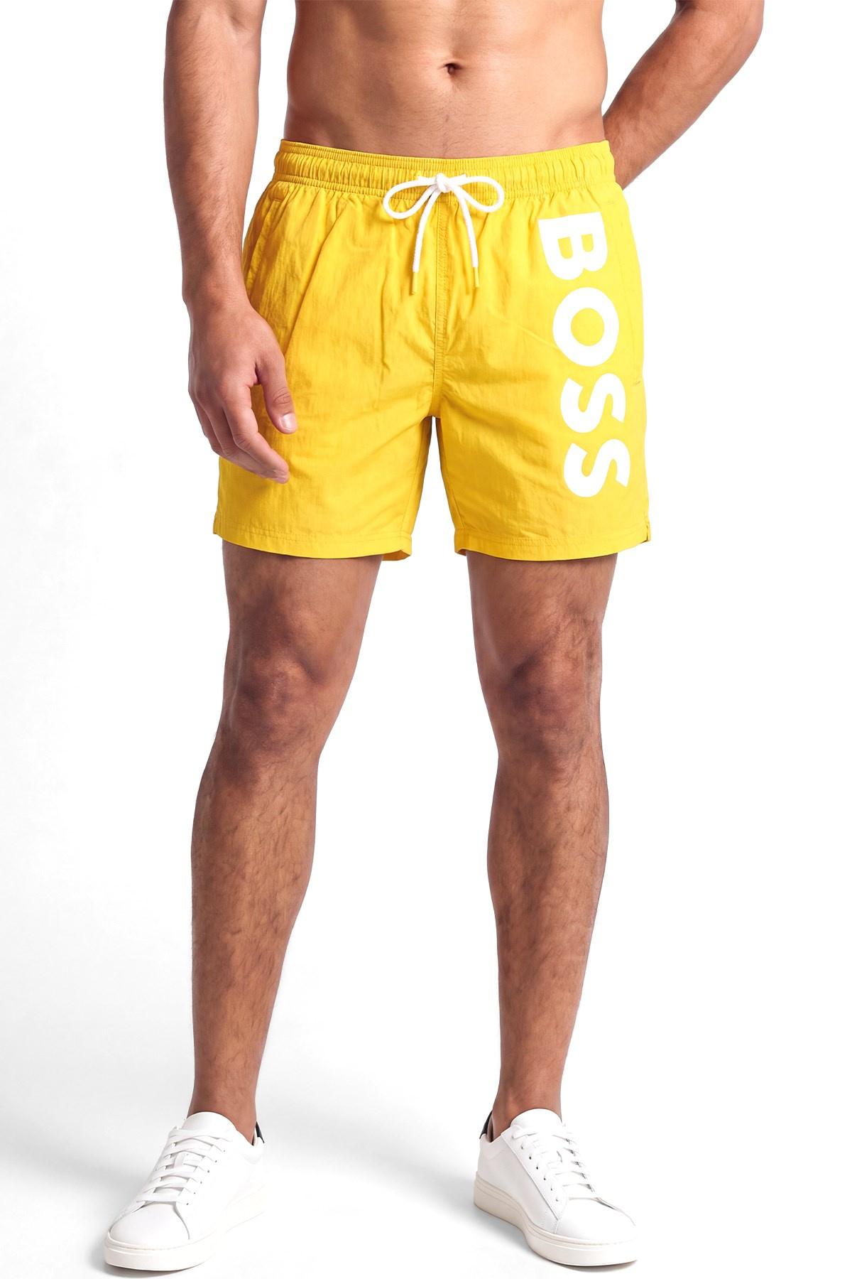 BOSS  BOSS Erkek Logo Baskılı Hızlı Kuruyan Kumaş Beli İp Bağlamalı Sarı Deniz Şortu 50514502-726