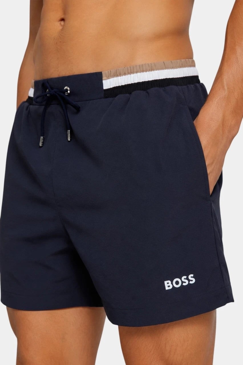 BOSS  BOSS Erkek Logolu Beli Lastikli Yüksek Bel Slim Fit Lacivert Deniz Şortu 50469324-413
