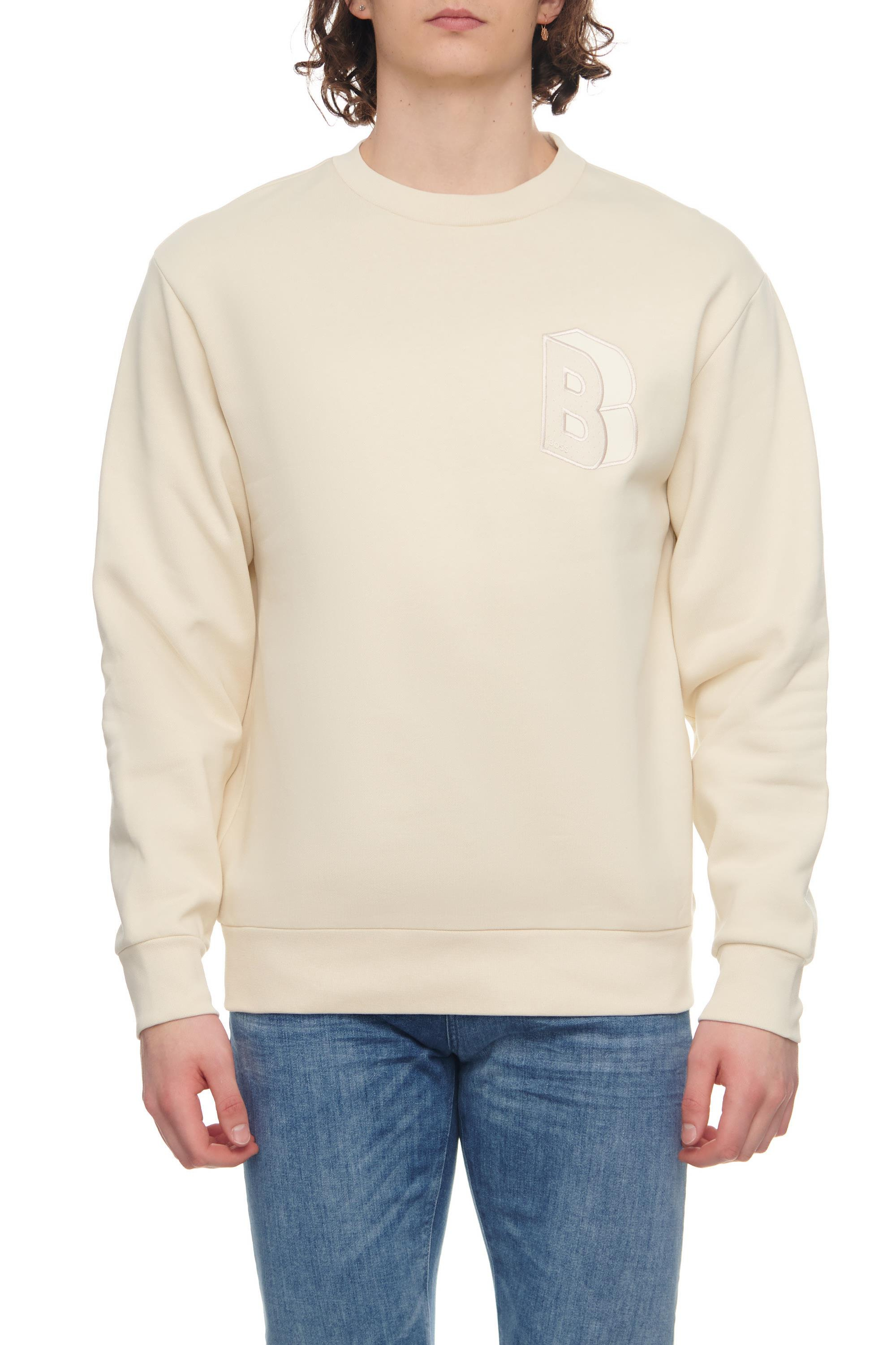 BOSS BOSS Erkek Marka Logolu Yuvarlak Yaka Uzun Kollu Ekru Sweatshirt 50481578-131