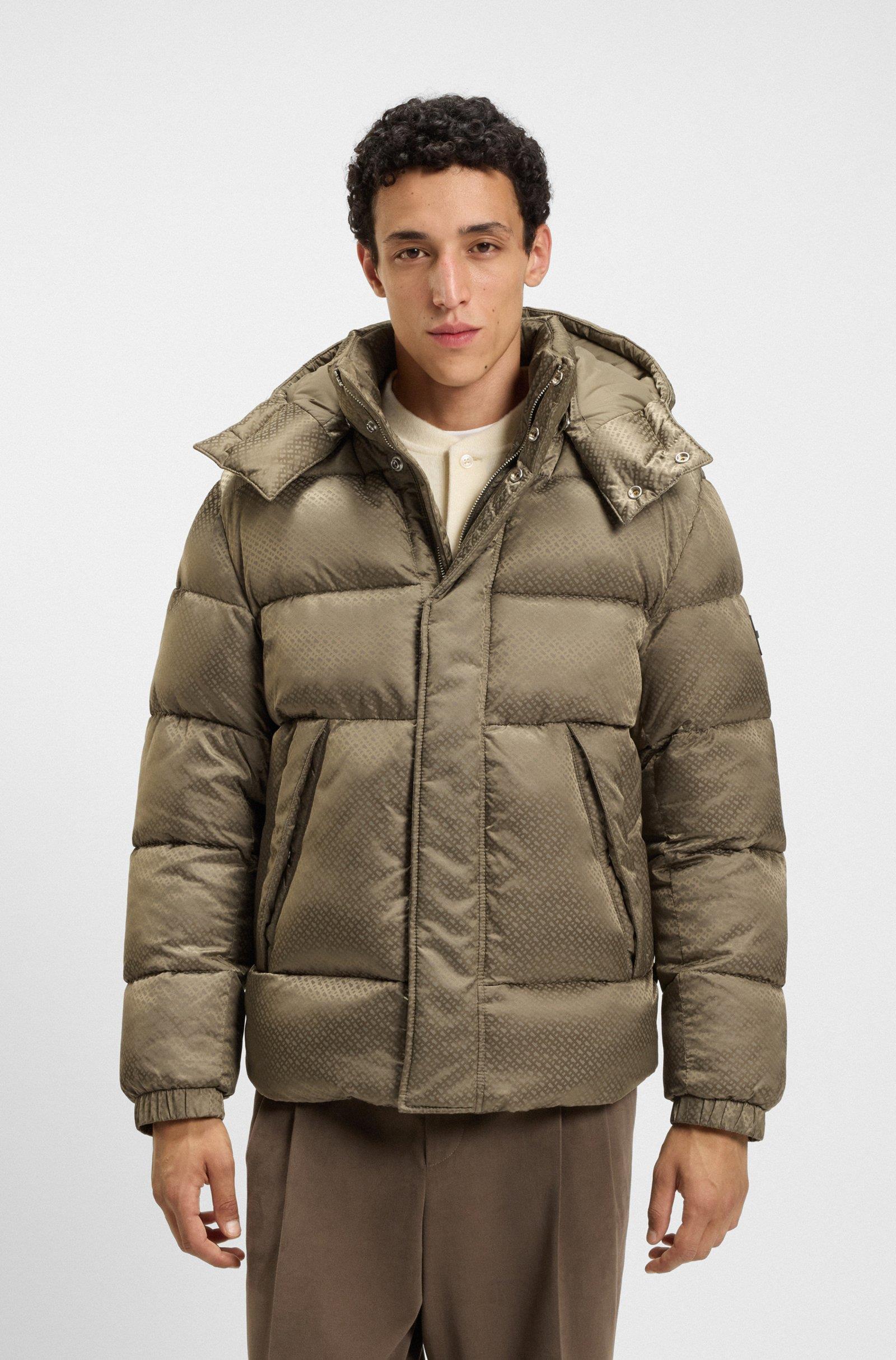 BOSS  BOSS Erkek Monogram Jakarlı Logo Desenli Su Geçirmez Kapüşonlu Kahverengi Mont 50548727-245