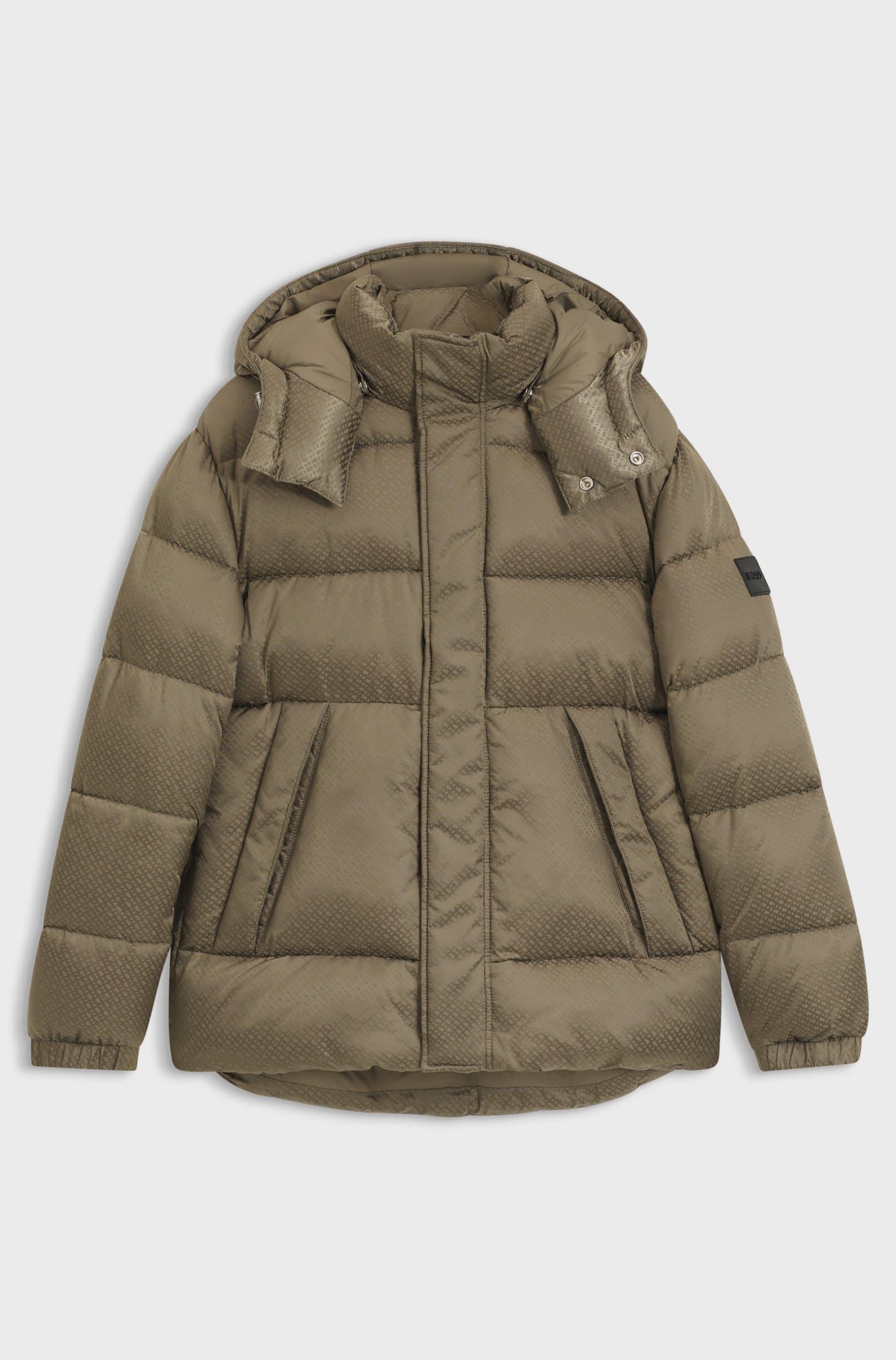 BOSS  BOSS Erkek Monogram Jakarlı Logo Desenli Su Geçirmez Kapüşonlu Kahverengi Mont 50548727-245