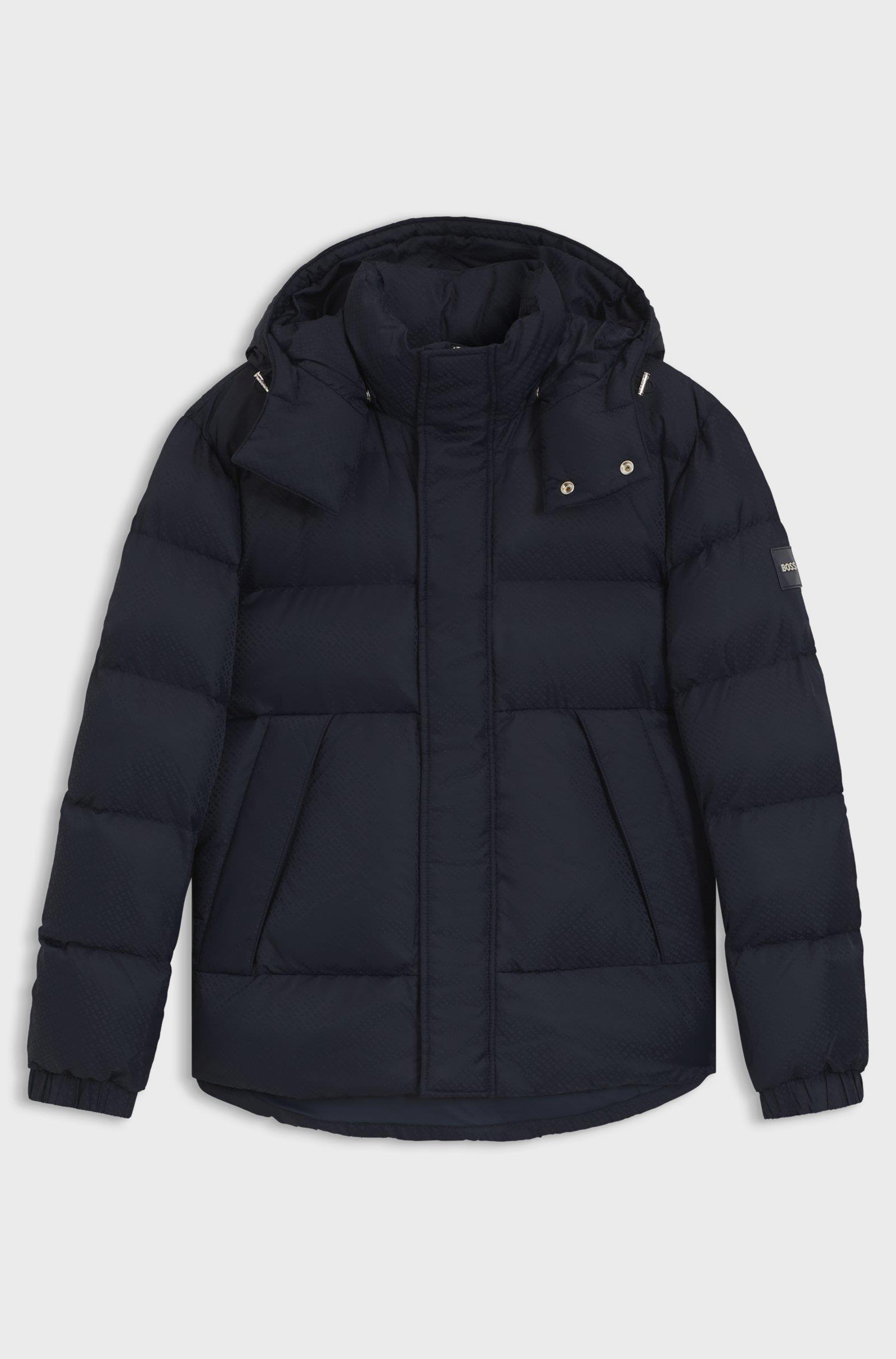 BOSS  BOSS Erkek Monogram Jakarlı Logo Desenli Su Geçirmez Kapüşonlu Lacivert Mont 50548727-404