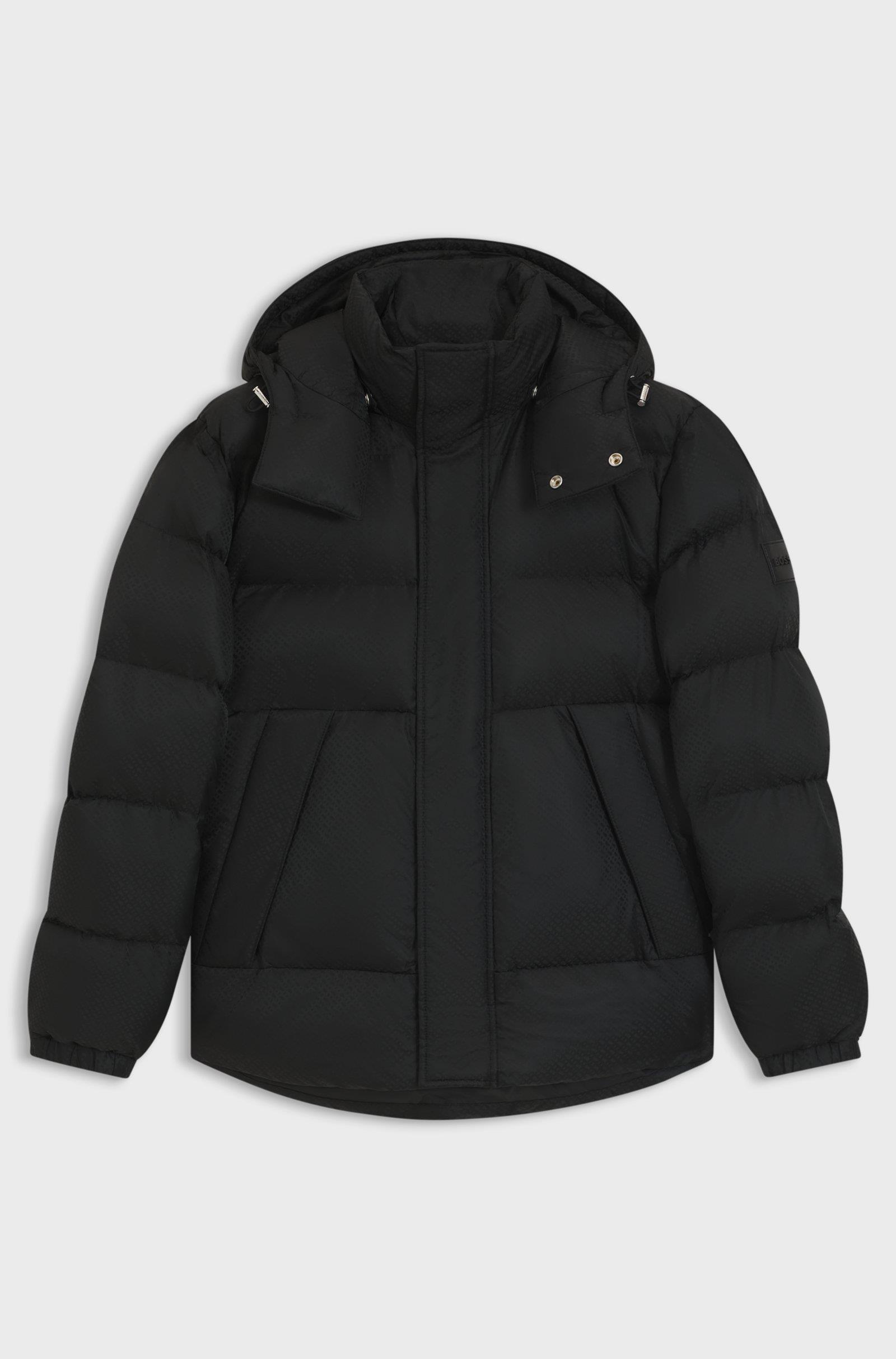 BOSS  BOSS Erkek Monogram Jakarlı Logo Desenli Su Geçirmez Kapüşonlu Siyah Mont 50548727-001