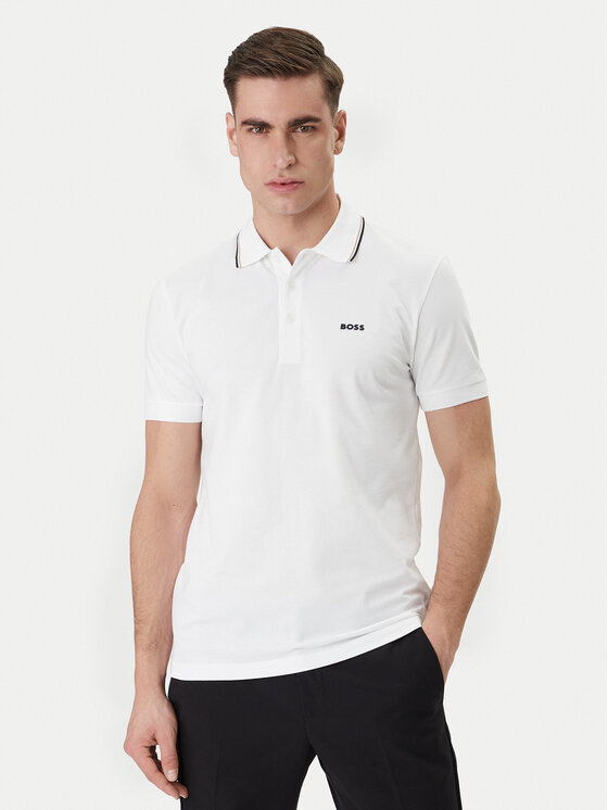 BOSS  BOSS Erkek Normal Kalıp %100 Pamuklu Logo İşlemeli Kısa Kollu Beyaz Polo Yaka T-Shirt 50559365-100
