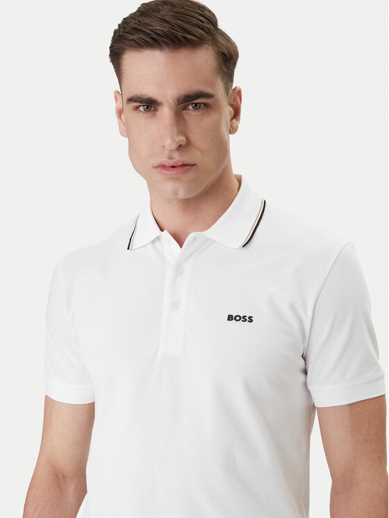 BOSS  BOSS Erkek Normal Kalıp %100 Pamuklu Logo İşlemeli Kısa Kollu Beyaz Polo Yaka T-Shirt 50559365-100