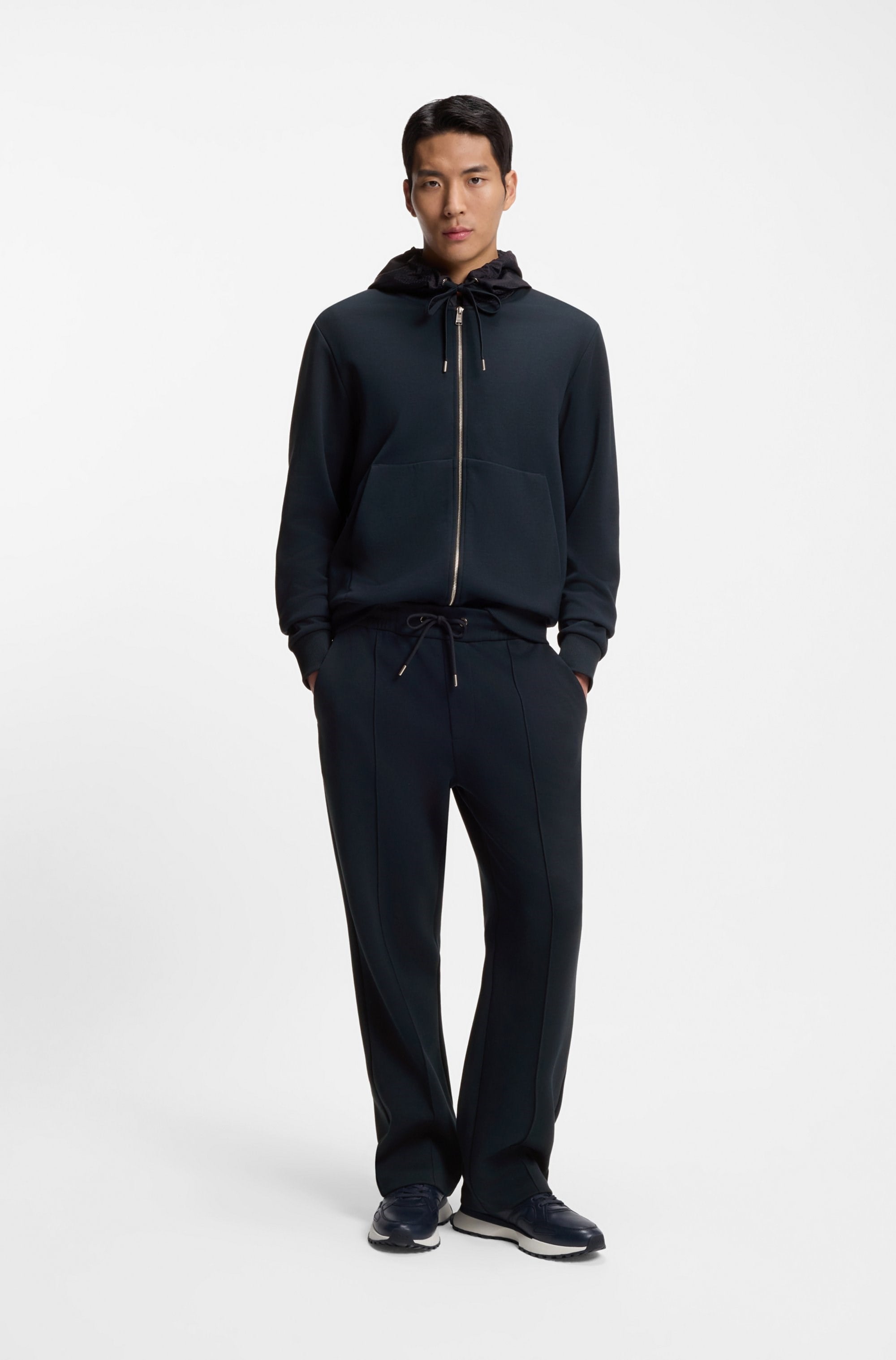 BOSS  BOSS Erkek Normal Kalıp Kapüşonlu Fermuarlı Uzun Kollu Yün Karışımlı Lacivert Sweatshirt 50554191-404