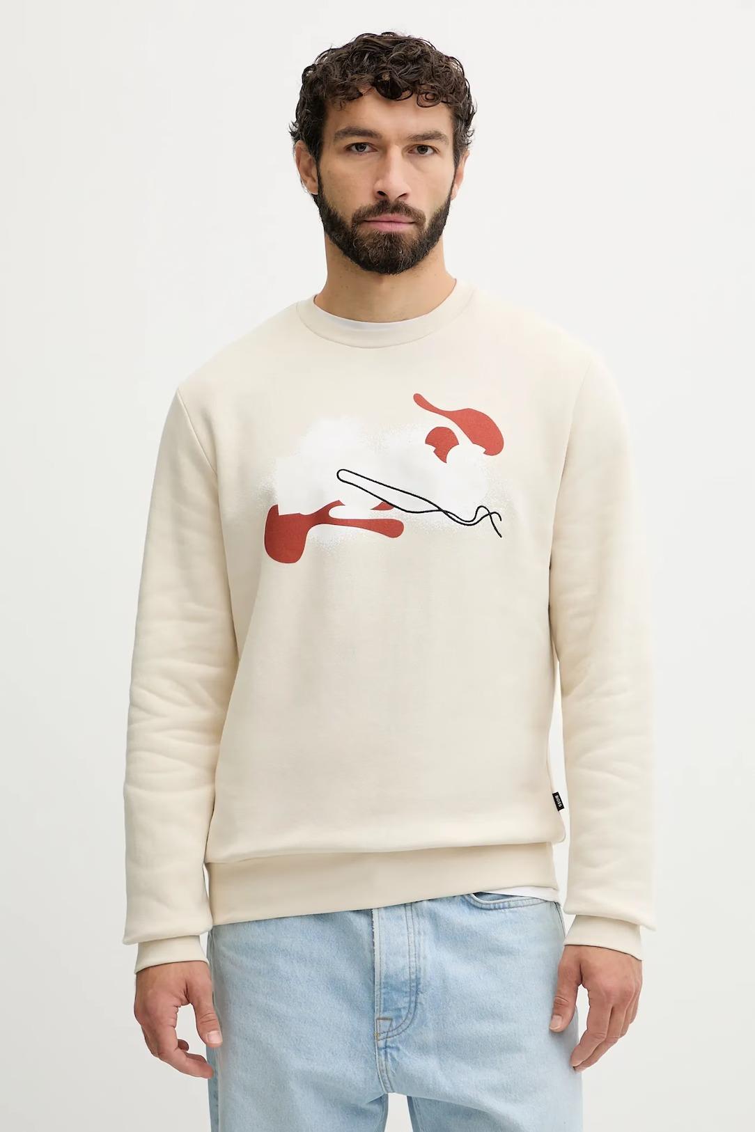 BOSS  BOSS Erkek Normal Kalıp Logo Baskılı Yuvarlak Yakalı Uzun Kollu Ekru Sweatshirt 50549283-131