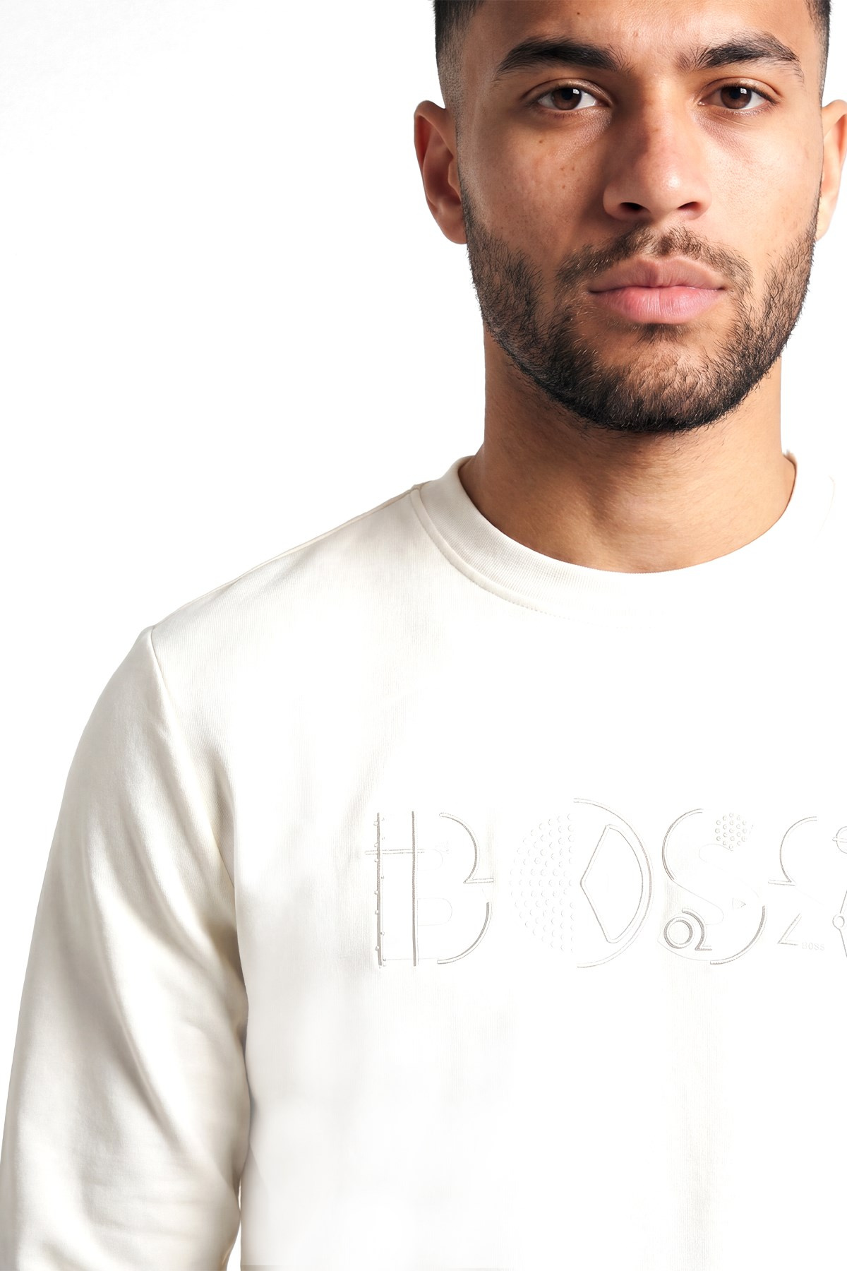 BOSS  BOSS Erkek Normal Kalıp Logo Baskılı Yuvarlak Yakalı Pamuklu Uzun Kollu Ekru T-Shirt 50565651-118