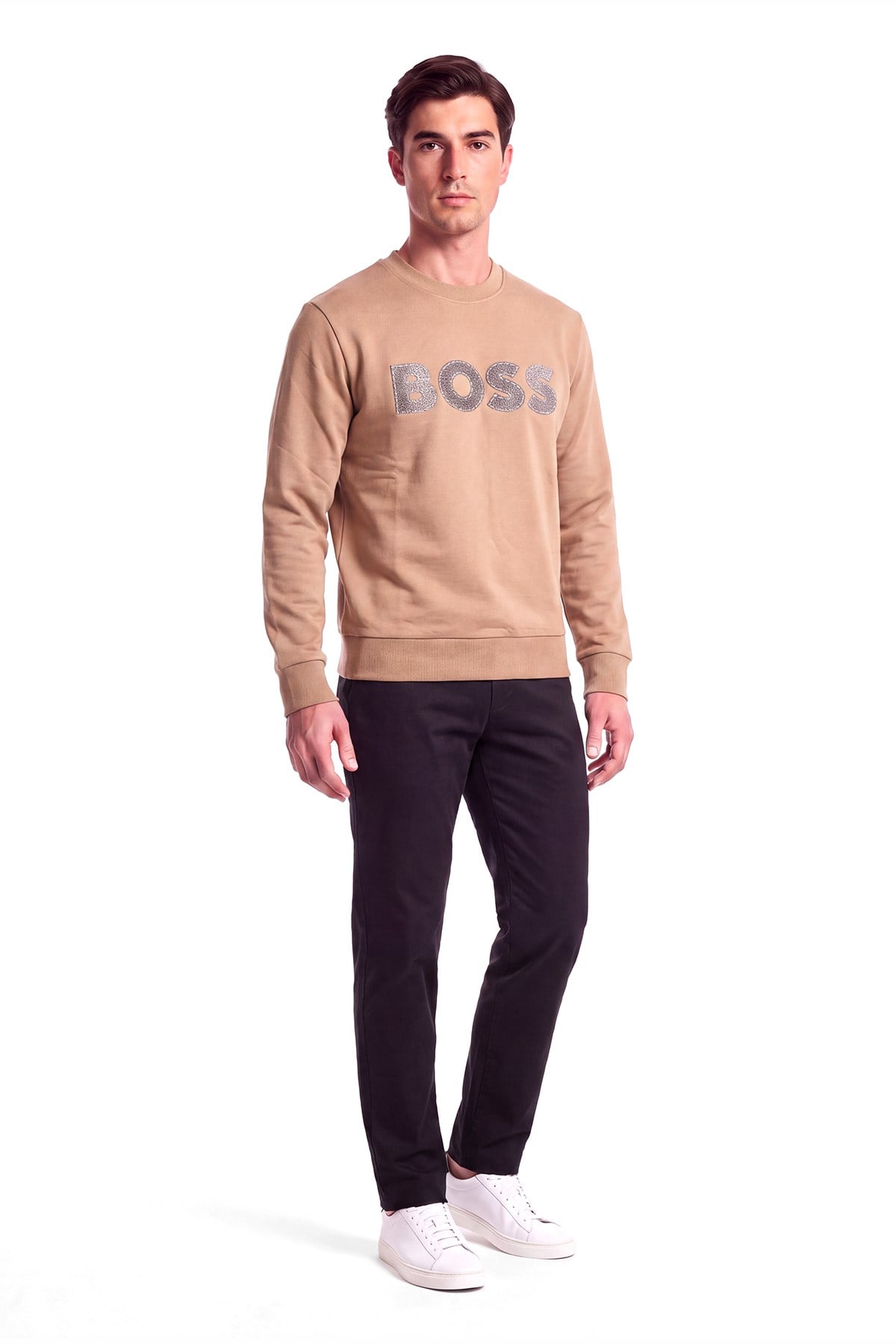 BOSS  BOSS Erkek Normal Kalıp Logo Baskılı Yuvarlak Yakalı Pamuklu Uzun Kollu Bej T-Shirt 50565651-260