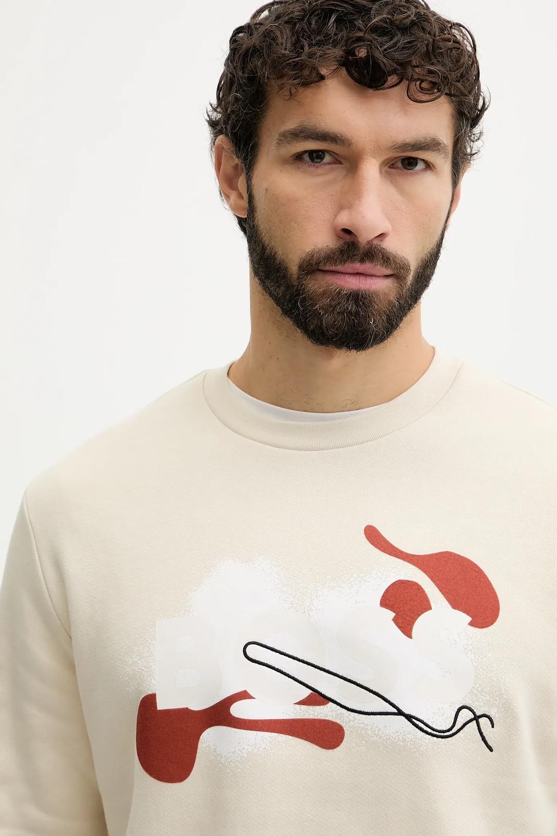 BOSS  BOSS Erkek Normal Kalıp Logo Baskılı Yuvarlak Yakalı Uzun Kollu Ekru Sweatshirt 50549283-131