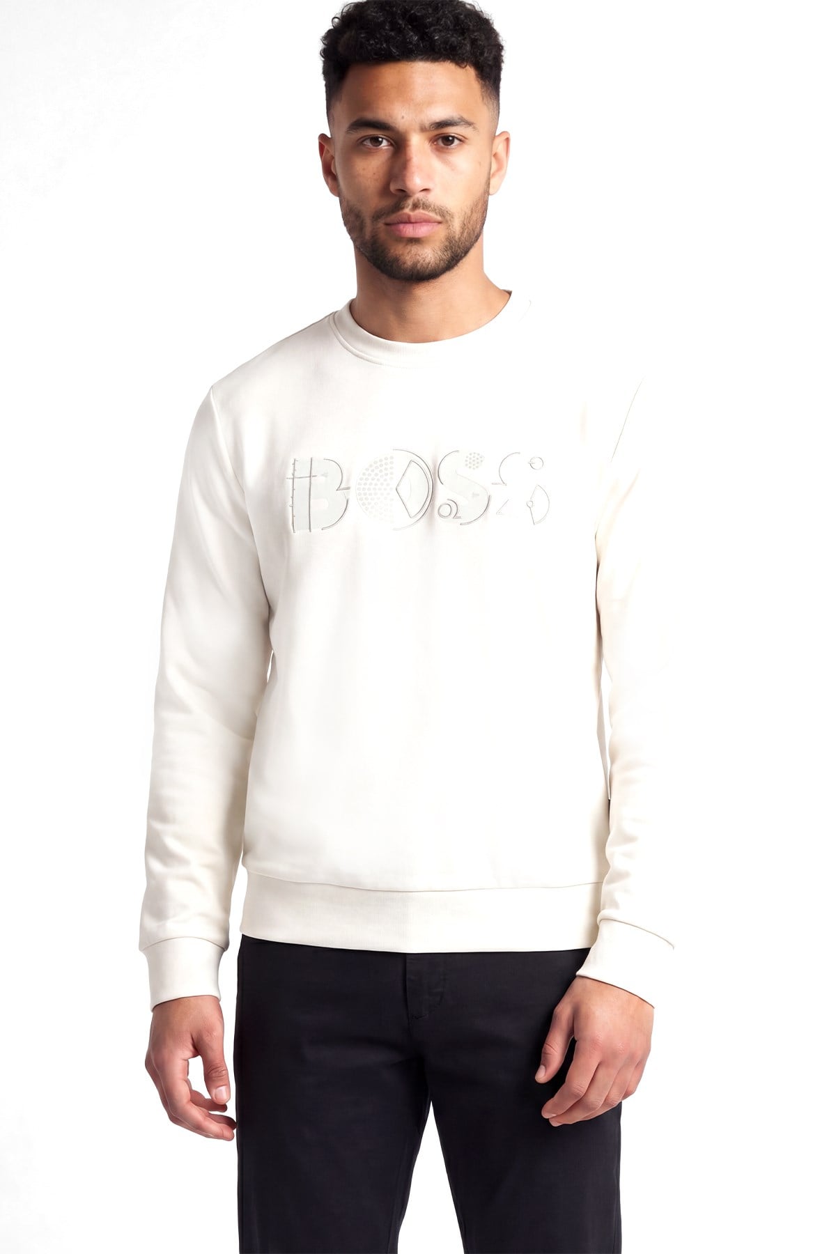 BOSS  BOSS Erkek Normal Kalıp Logo Baskılı Yuvarlak Yakalı Pamuklu Uzun Kollu Ekru T-Shirt 50565651-118