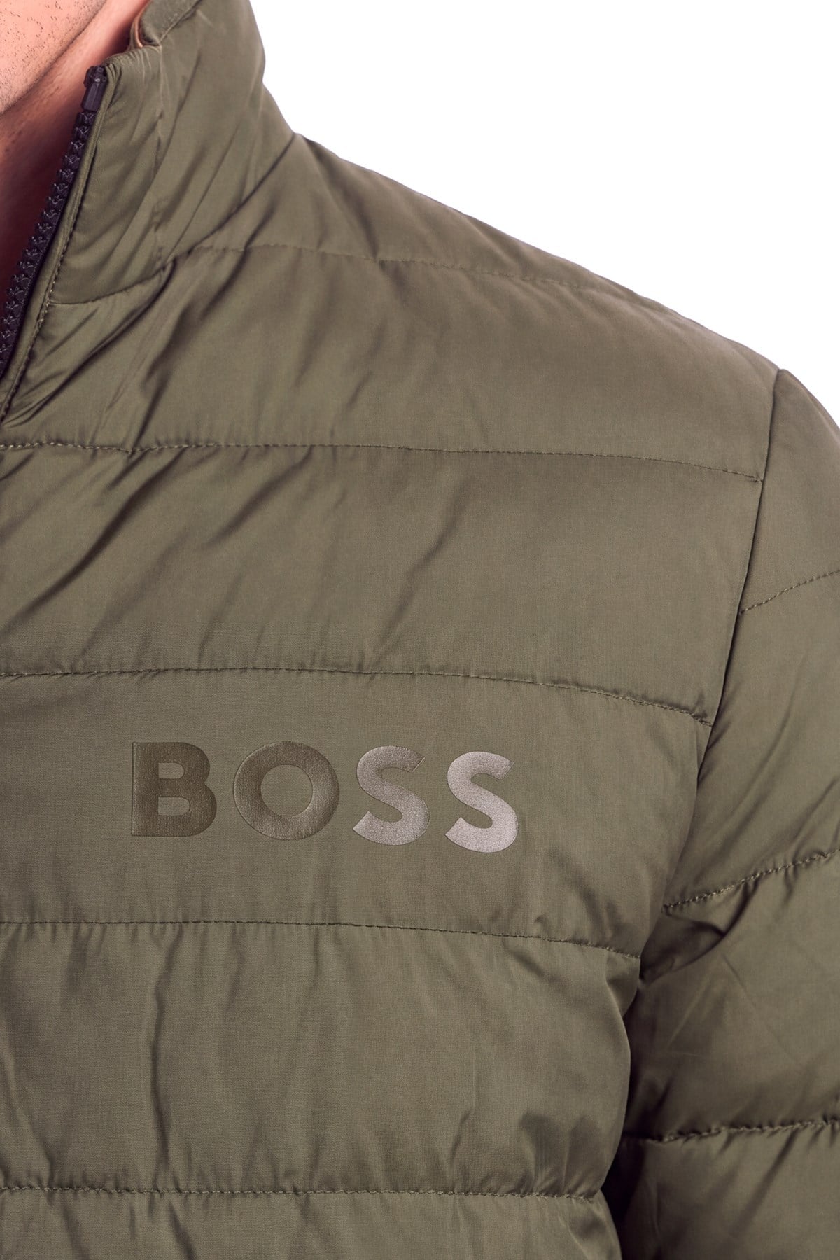 BOSS  BOSS Erkek Normal Kalıp Logo Detaylı Su İtici Kumaş Dik Yaka Uzun Kollu Haki Mont 50519237-347