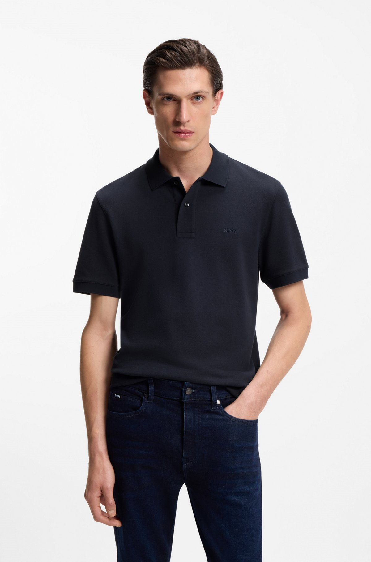 BOSS  BOSS Erkek Normal Kalıp Logo İşlemeli Kısa Kollu Lacivert Polo Yaka T-Shirt 50553564-404