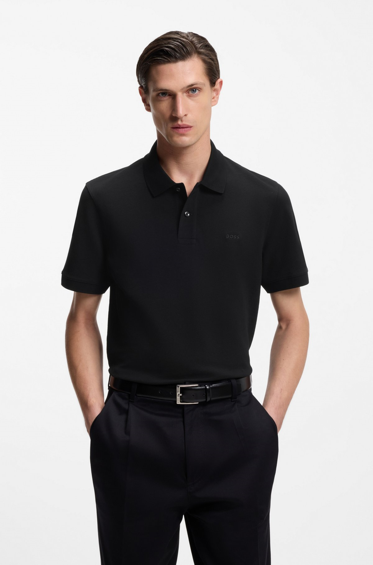 BOSS  BOSS Erkek Normal Kalıp Logo İşlemeli Kısa Kollu Siyah Polo Yaka T-Shirt 50553564-001