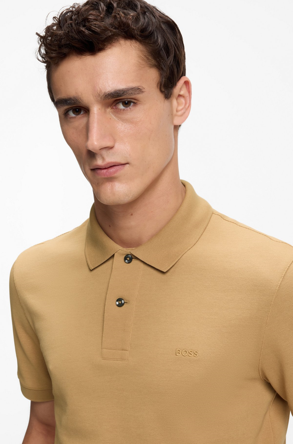 BOSS  BOSS Erkek Normal Kalıp Logo İşlemeli Kısa Kollu Bej Polo Yaka T-Shirt 50553564-260