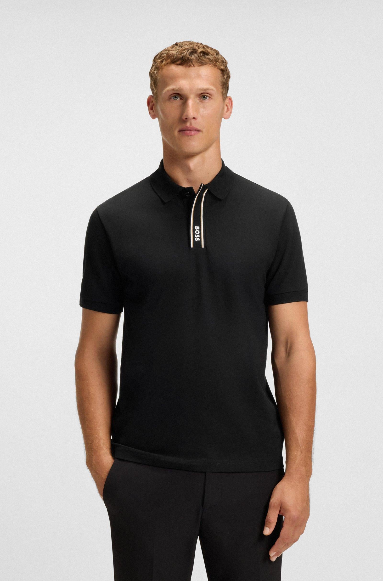 BOSS  BOSS Erkek Normal Kalıp Pamuklu Kısa Kollu Logo Çizgili Siyah Polo Yaka T-Shirt 50549362-001