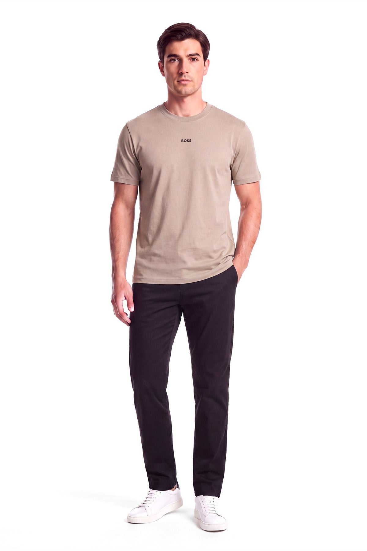 BOSS  BOSS Erkek Normal Kesim Esnek Pamuk Karışımlı Dokuma Kumaş Kısa Kollu Bej T-Shirt 50564108-334