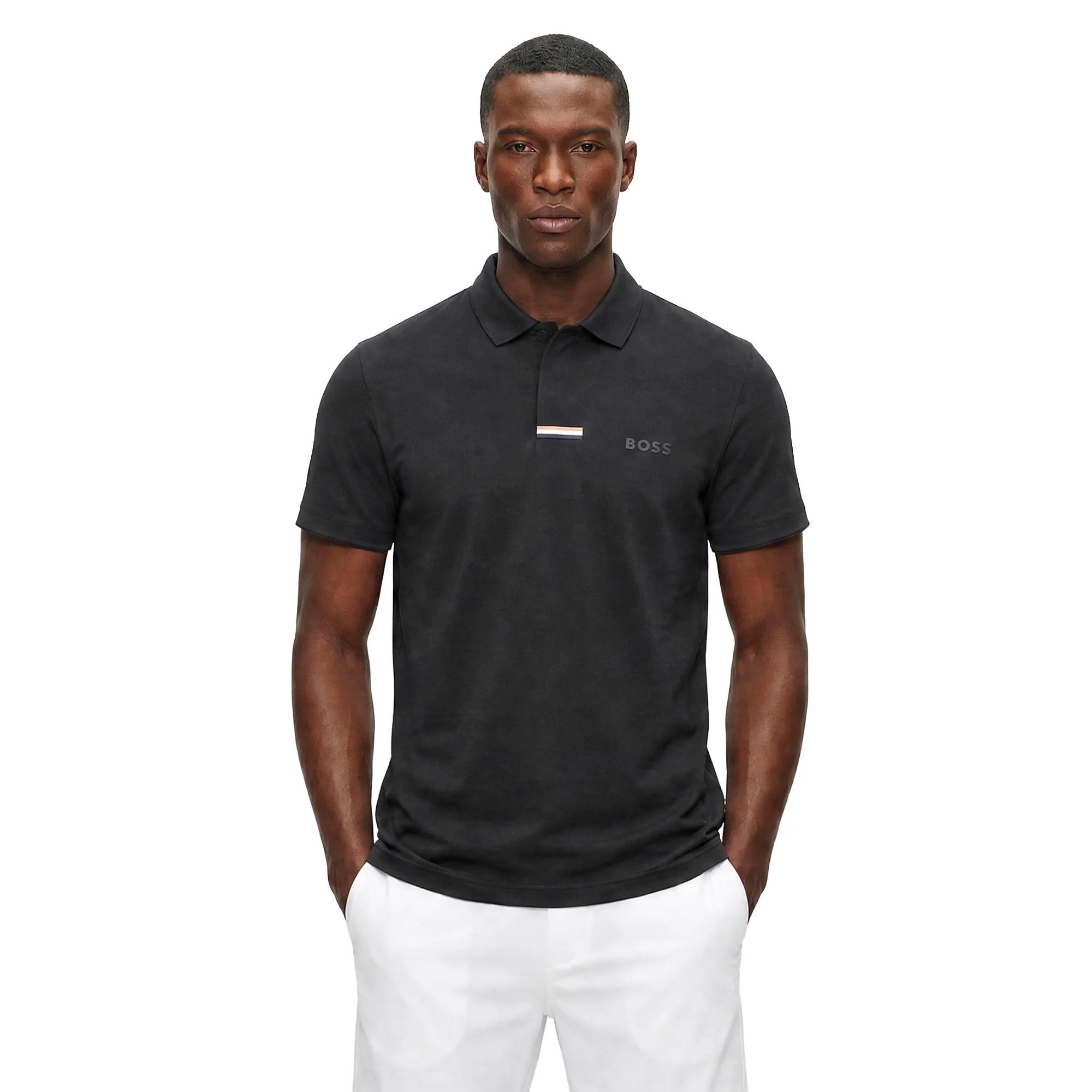 BOSS  BOSS Erkek Normal Kesim Kontrast Logo Çizgili Kısa Kollu Siyah Polo Yaka T-Shirt 50564728-001