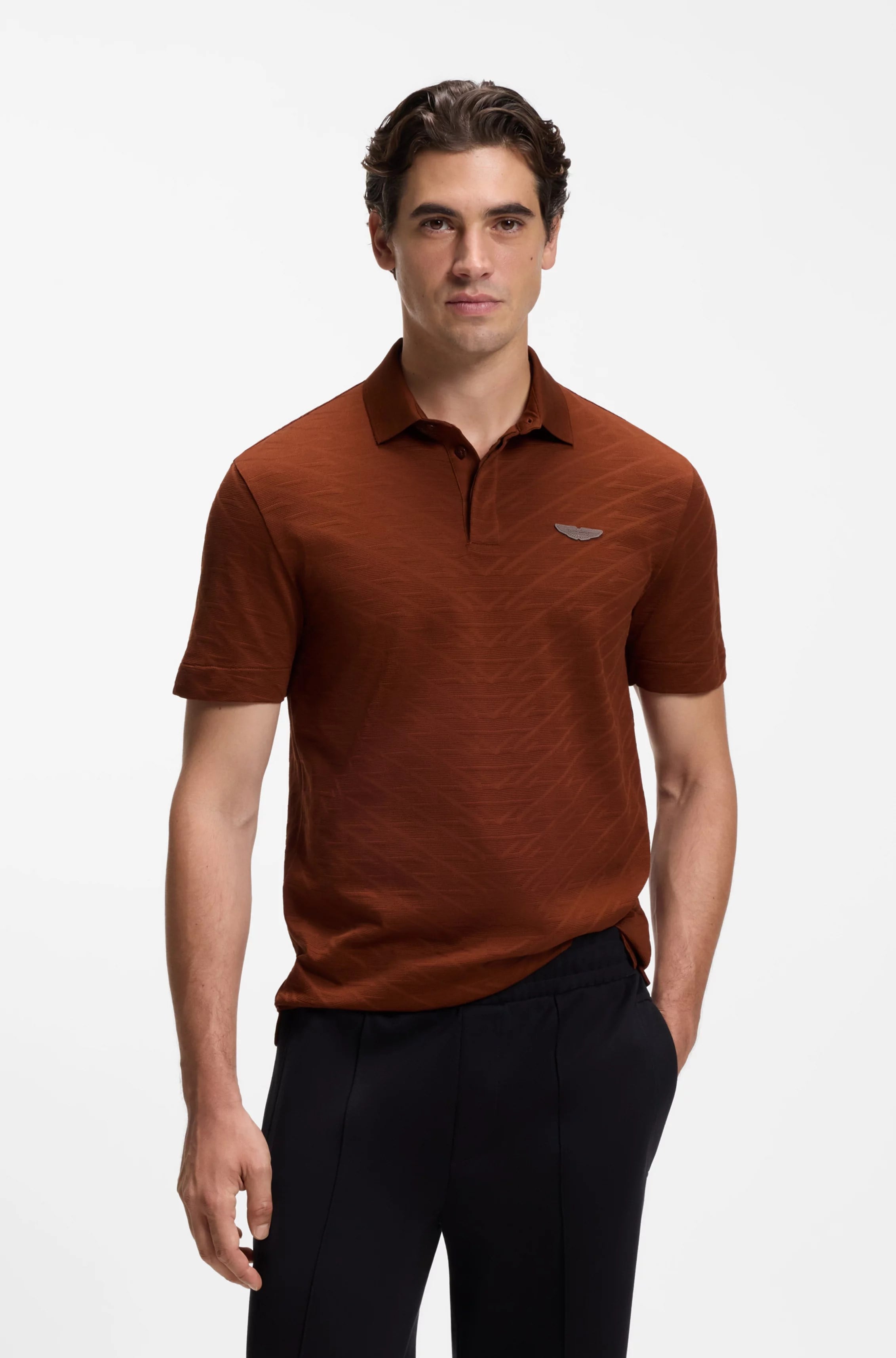 BOSS  BOSS Erkek Normal Kesim Logo Etiketli Pamuklu Jakarlı Kısa Kollu Kahverengi Polo Yaka T-Shirt 50565174-214
