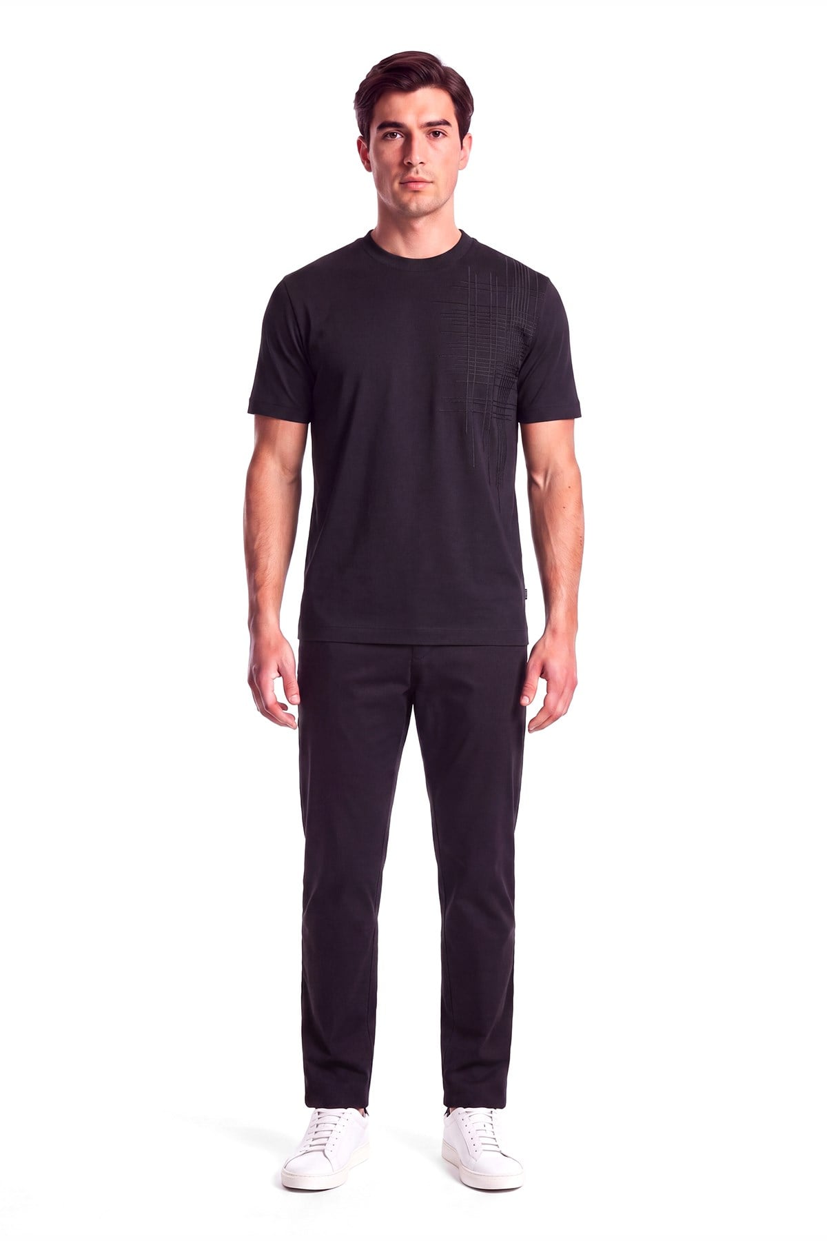 BOSS  BOSS Erkek Normal Kesim Nefes Alabilen Organik Pamuklu Desenli Kısa Kollu Siyah T-Shirt 50565606-001