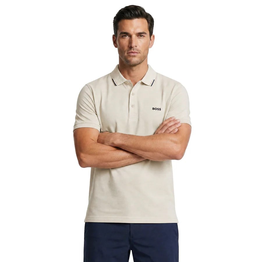 BOSS  BOSS Erkek Normal Kesim Pamuklu Nem Emici Kumaş Kısa Kollu Bej Polo Yaka T-Shirt 50564779-272
