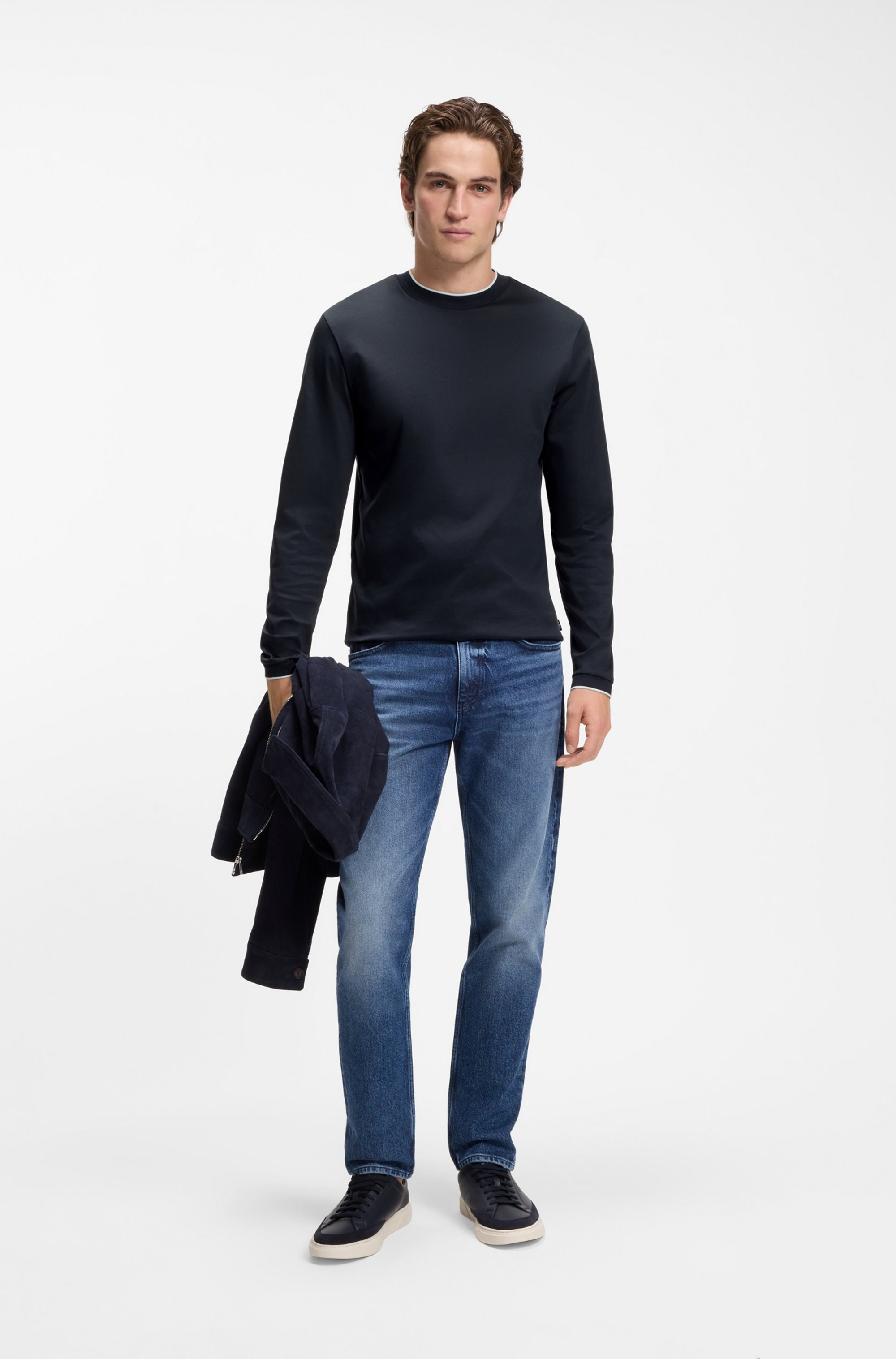 BOSS  BOSS Erkek Normal Kesim Yuvarlak Yakalı Yumuşak Merserize Pamuklu Uzun Kollu Lacivert T-Shirt 50565601-404