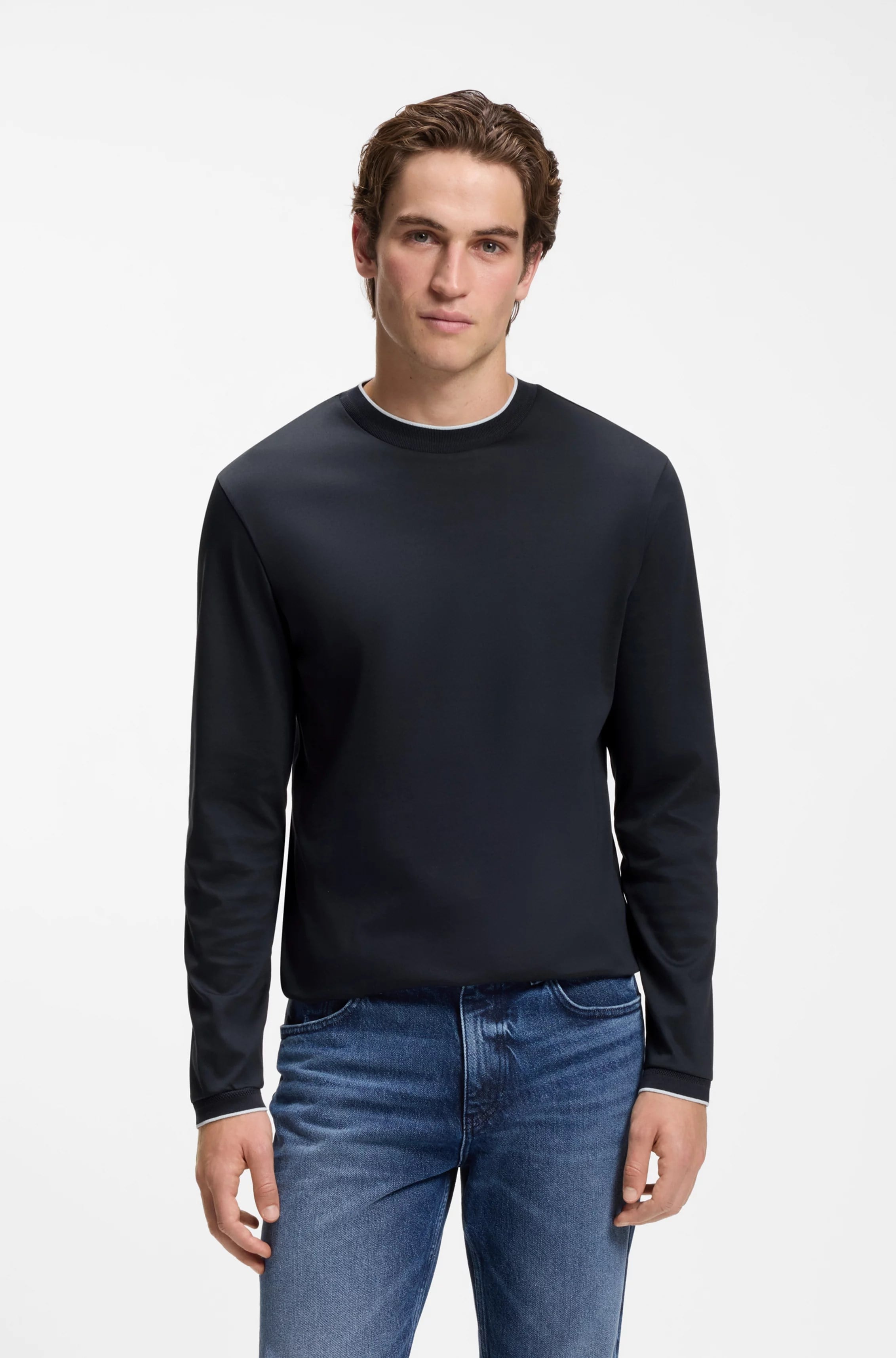 BOSS  BOSS Erkek Normal Kesim Yuvarlak Yakalı Yumuşak Merserize Pamuklu Uzun Kollu Lacivert T-Shirt 50565601-404