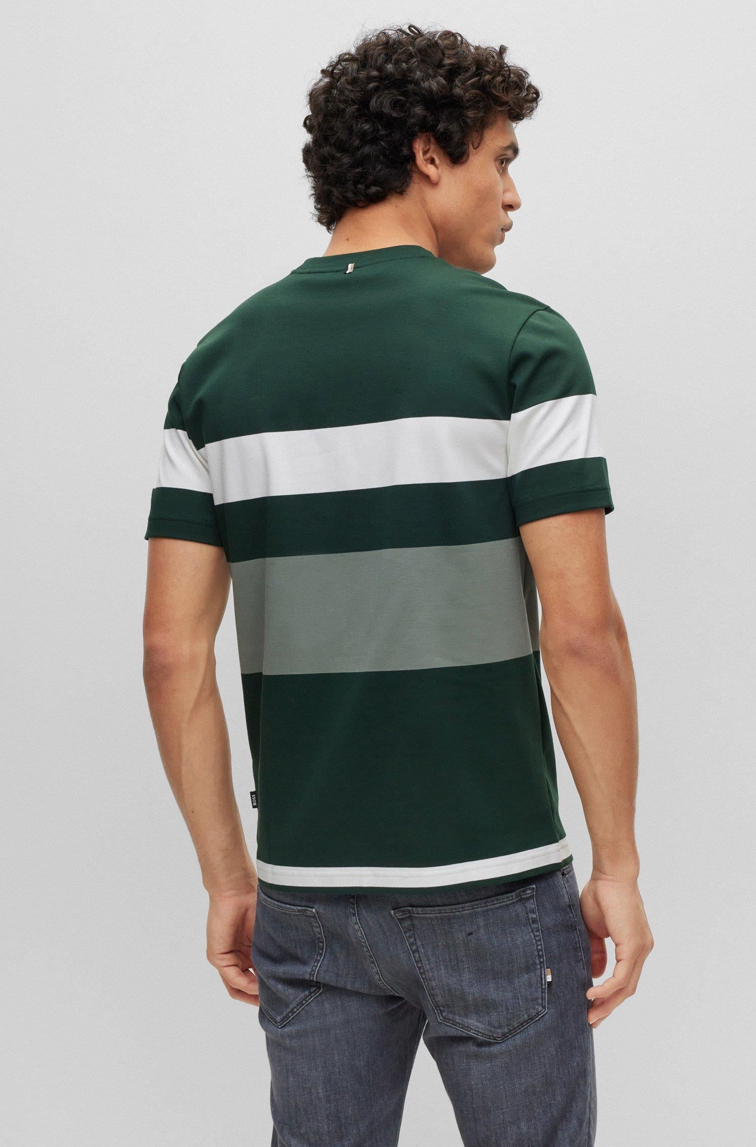 BOSS BOSS Erkek oversize fit Kısa Kollu Çizgili Bisiklet Yaka Yeşil T-Shirt 50486208-343