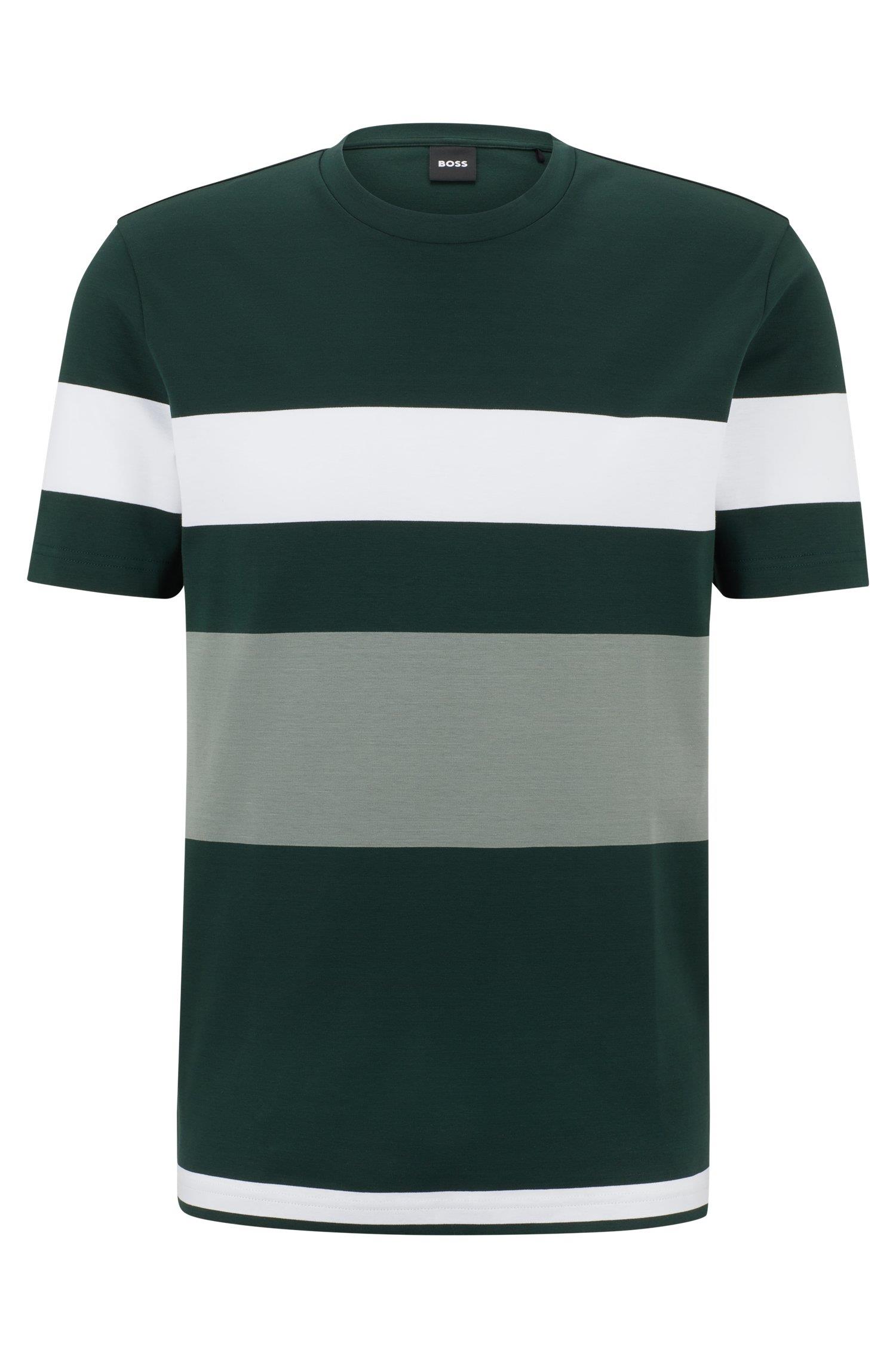 BOSS BOSS Erkek oversize fit Kısa Kollu Çizgili Bisiklet Yaka Yeşil T-Shirt 50486208-343