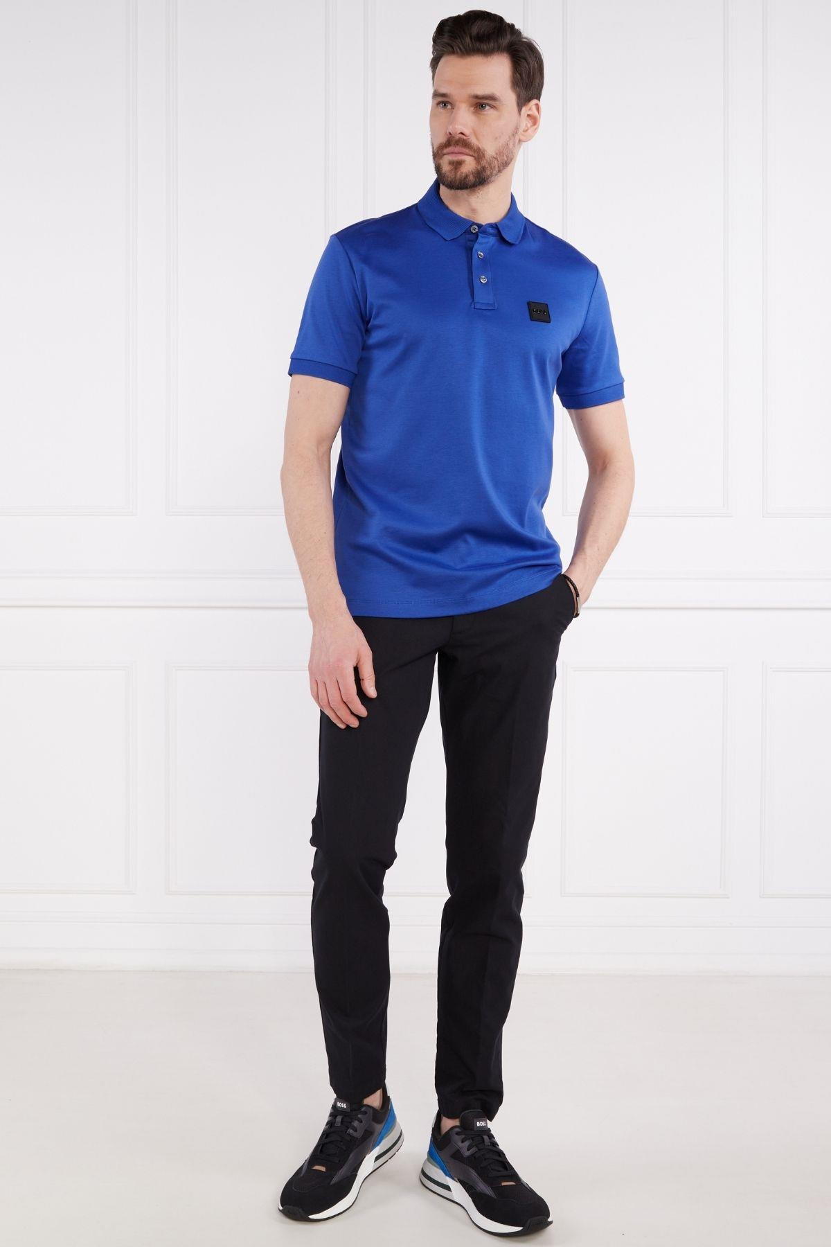 BOSS BOSS Erkek Pamuklu Polo Yakalı Düğme Kapamalı Kısa Kollu Mavi Polo Yaka T-Shirt 50486953-433