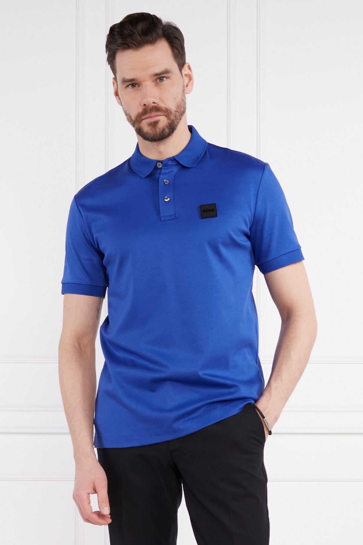 BOSS BOSS Erkek Pamuklu Polo Yakalı Düğme Kapamalı Kısa Kollu Mavi Polo Yaka T-Shirt 50486953-433