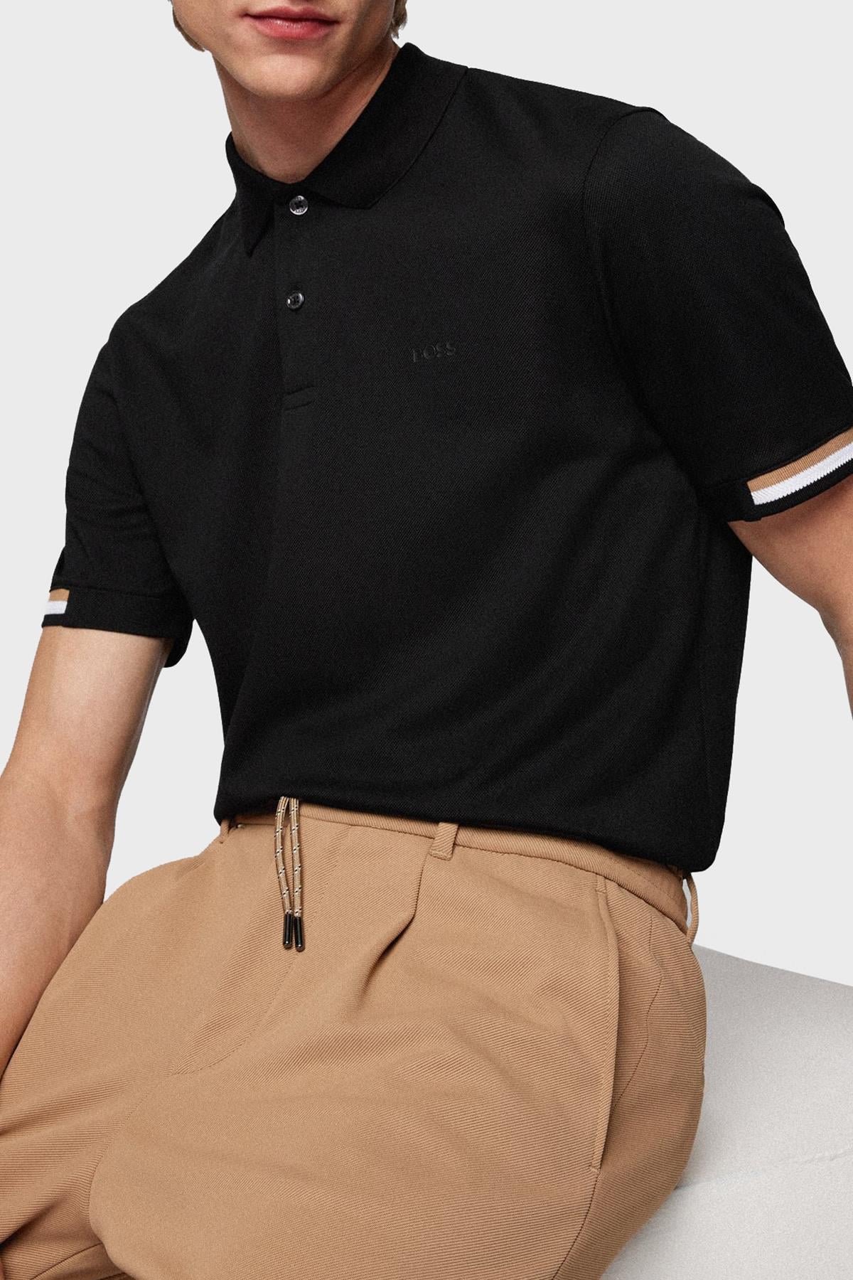 BOSS BOSS Erkek Pamuklu Polo Yakalı Düğme Kapamalı Kısa Kollu Siyah Polo Yaka T-Shirt 50467113-001