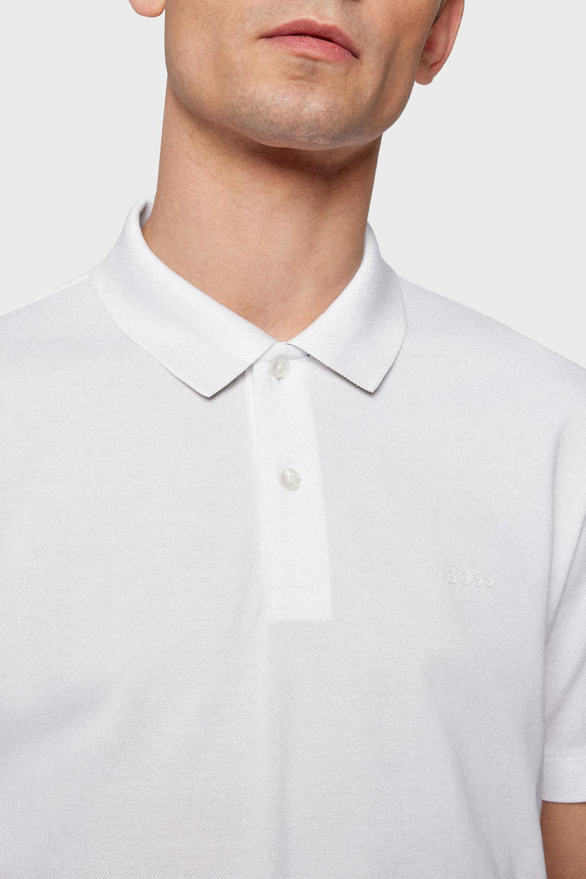 BOSS BOSS Erkek Pamuklu Polo Yakalı Düğme Kapamalı Kısa Kollu Beyaz Polo Yaka T-Shirt 50467113-100