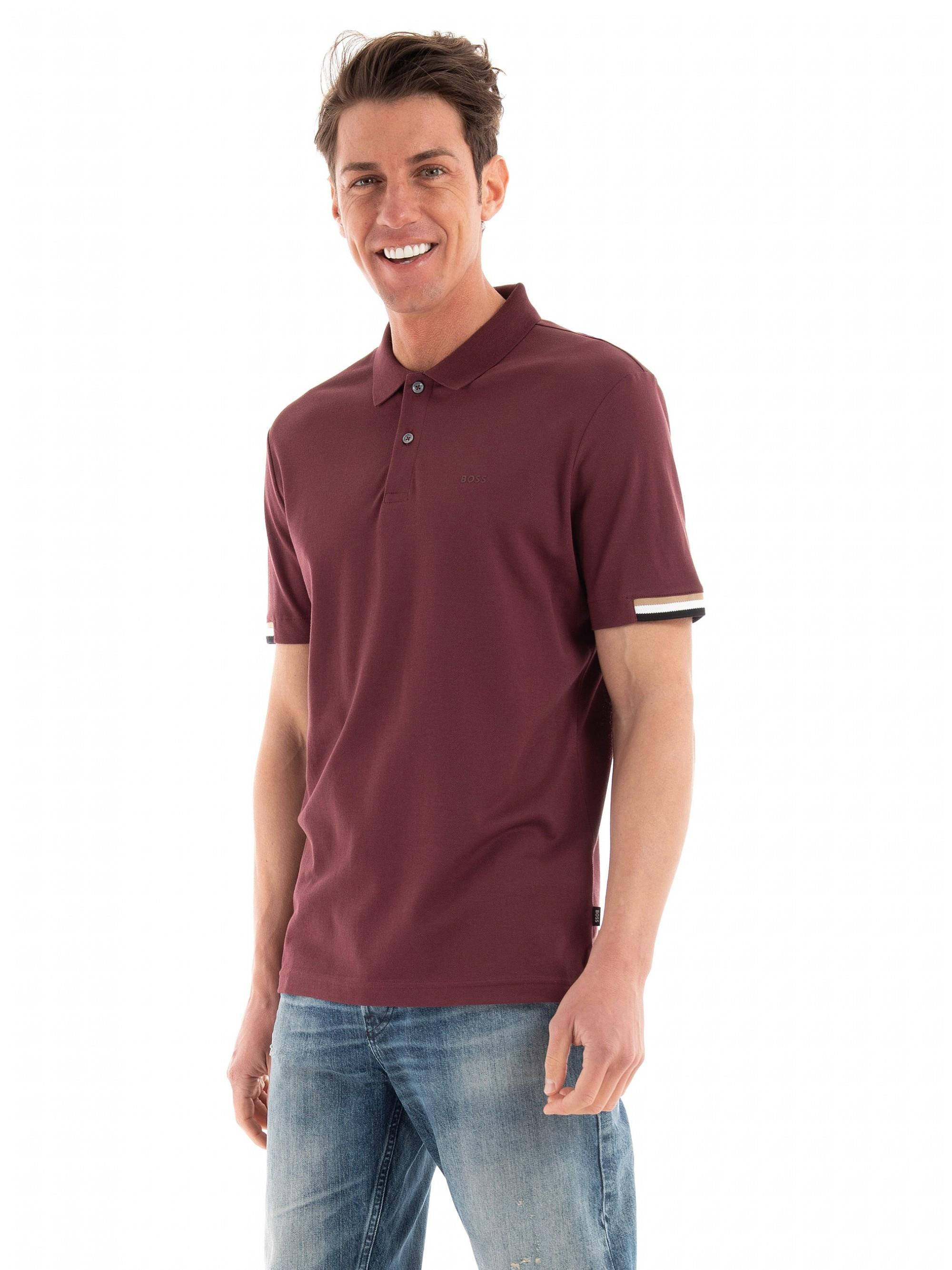 BOSS BOSS Erkek Pamuklu Polo Yakalı Düğme Kapamalı Kısa Kollu Bordo Polo Yaka T-Shirt 50467113-601