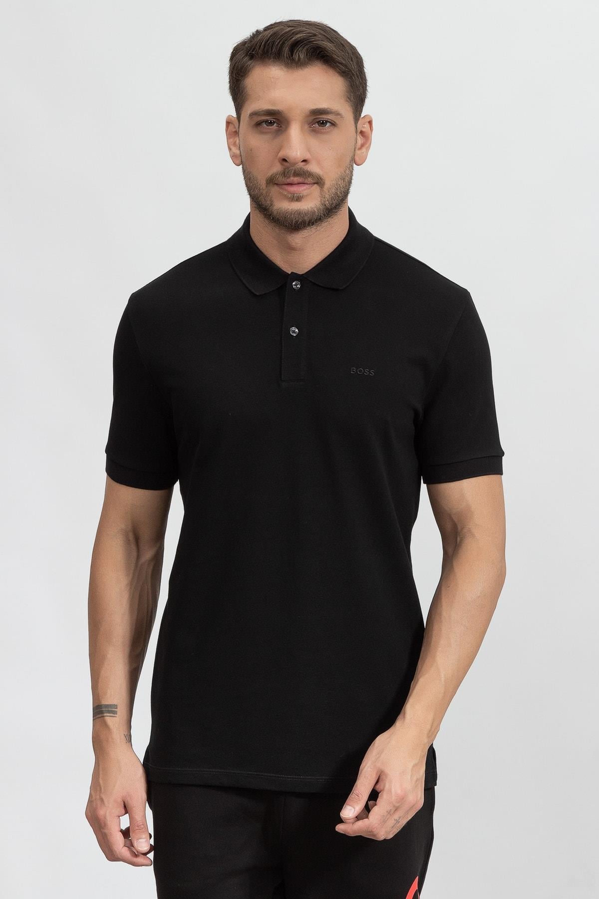 BOSS BOSS Erkek Polo Yaka Regular Fit Pamuklu Kısa Kollu Siyah Polo Yaka T-Shirt 50468362-001