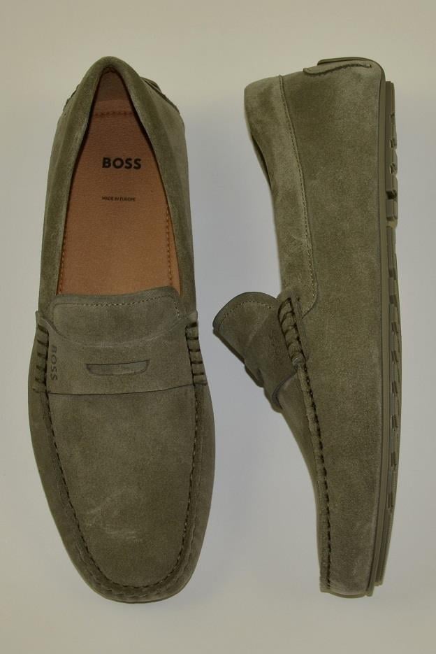 BOSS BOSS Erkek Rahat Düz Taban Arkasında Logo Baskılı Dikiş Detaylı Yeşil Loafer Ayakkabı 50541750-342