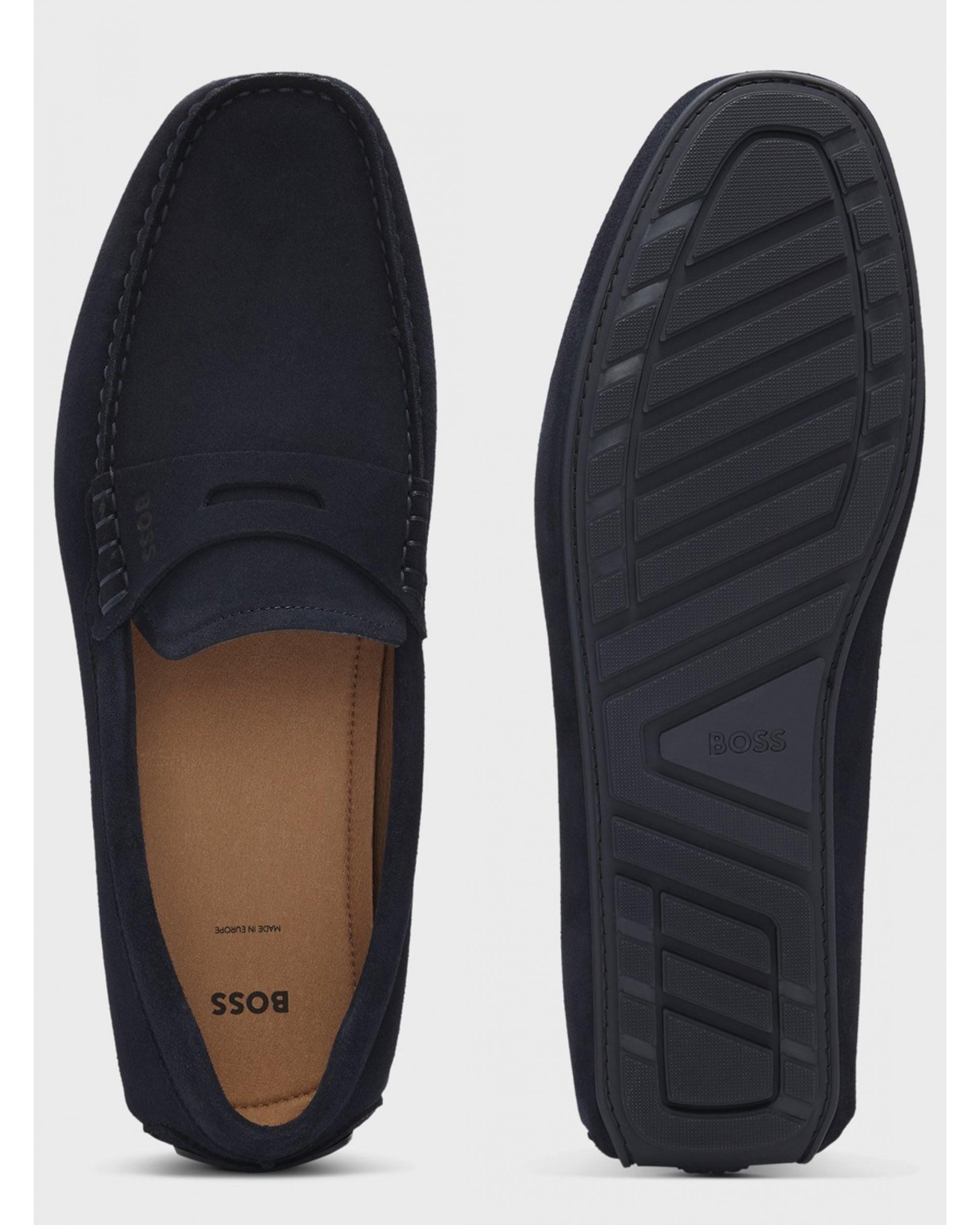 BOSS BOSS Erkek Rahat Düz Taban Arkasında Logo Baskılı Dikiş Detaylı Lacivert Loafer Ayakkabı 50541750-401