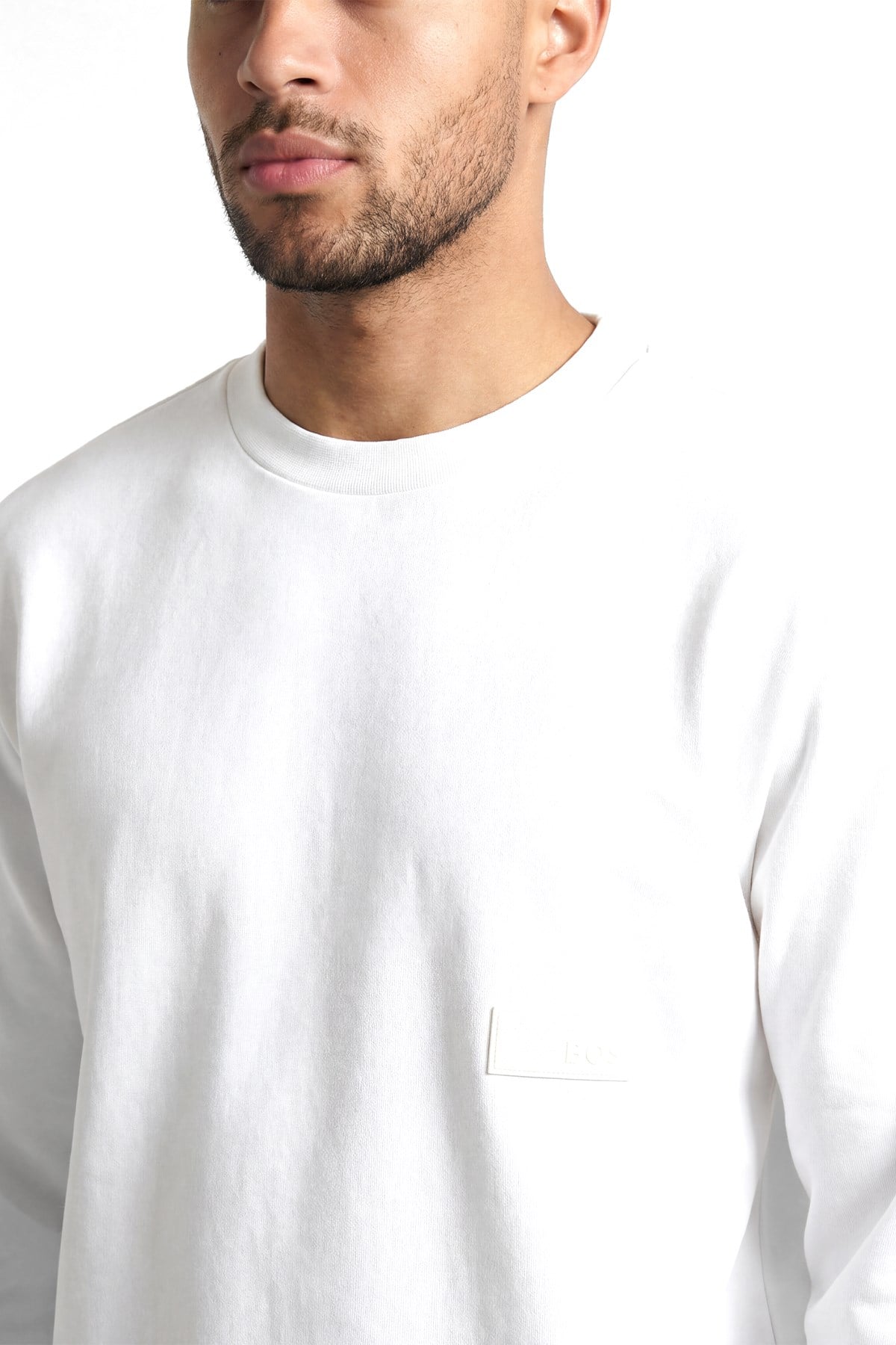 BOSS  BOSS Erkek Rahat Kalıp Logo Etiketli Yuvarlak Yakalı Pamuklu Uzun Kollu Beyaz Sweatshirt 50564103-100
