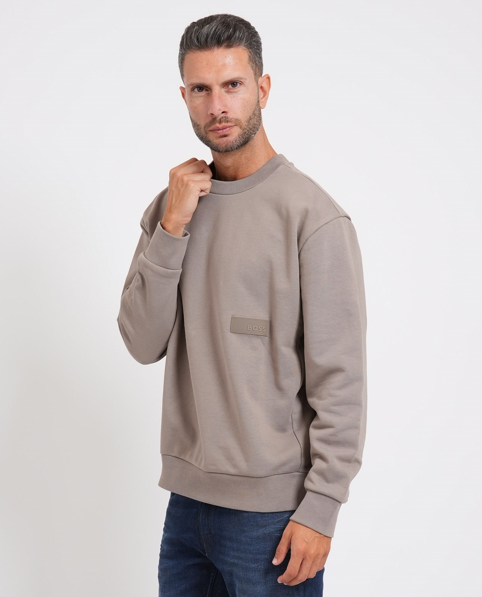 BOSS  BOSS Erkek Rahat Kalıp Logo Etiketli Yuvarlak Yakalı Pamuklu Uzun Kollu Gri Sweatshirt 50564103-334