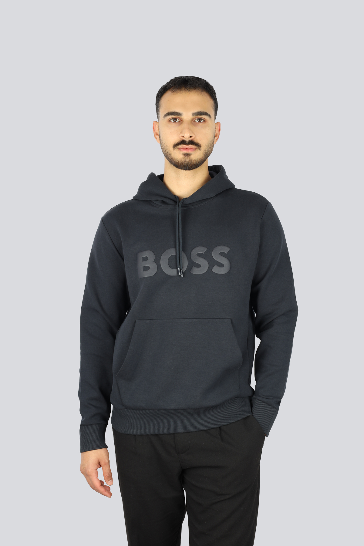 BOSS  BOSS Erkek Regular Fit Kapüşonlu Logo Kabartmalı Uzun Kollu Lacivert Sweatshirt 50555515-402