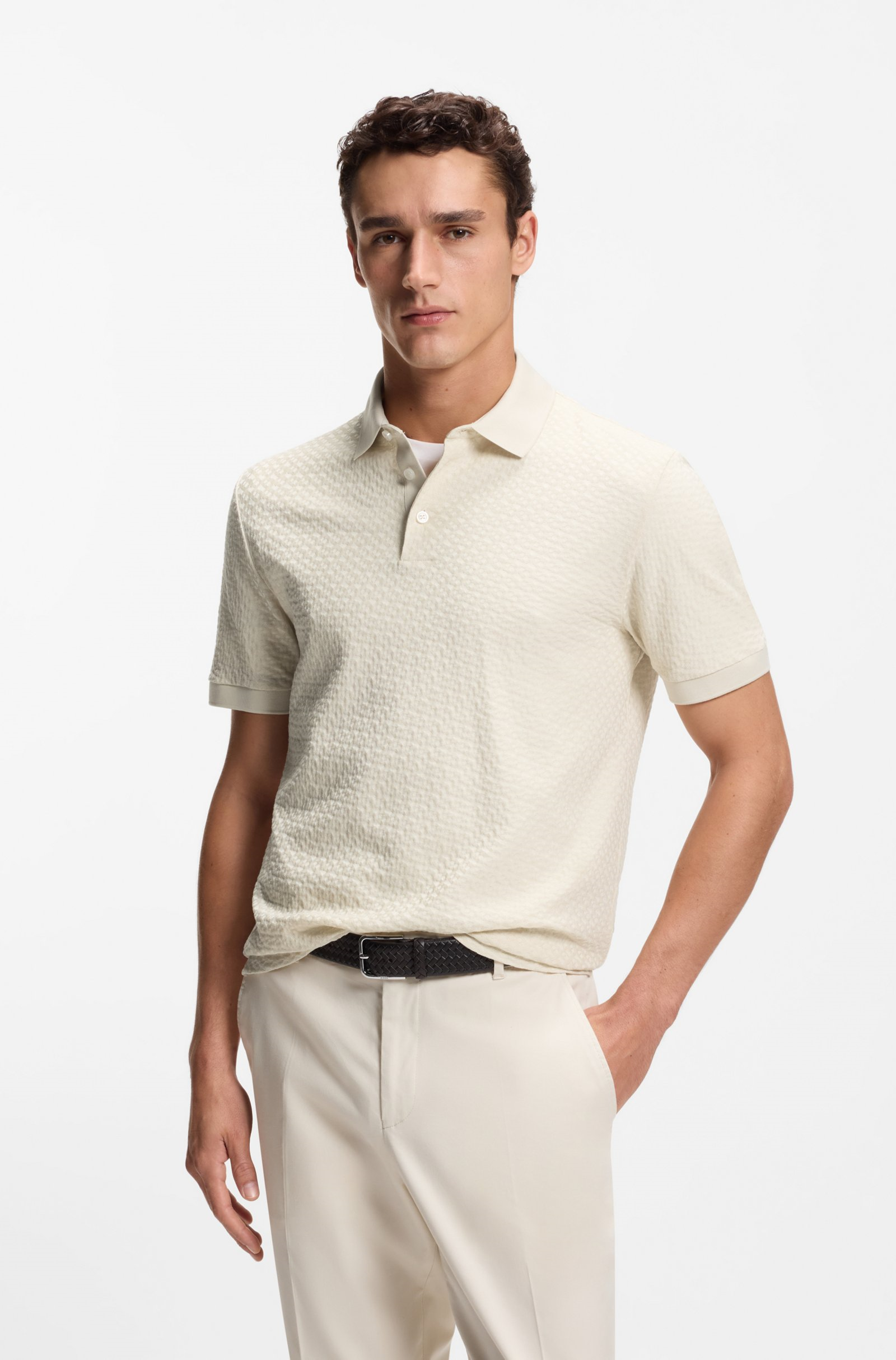 BOSS  BOSS Erkek Regular Fit Monogram Logolu %100 Pamuklu Kısa Kollu Ekru Polo Yaka T-Shirt 50557403-131