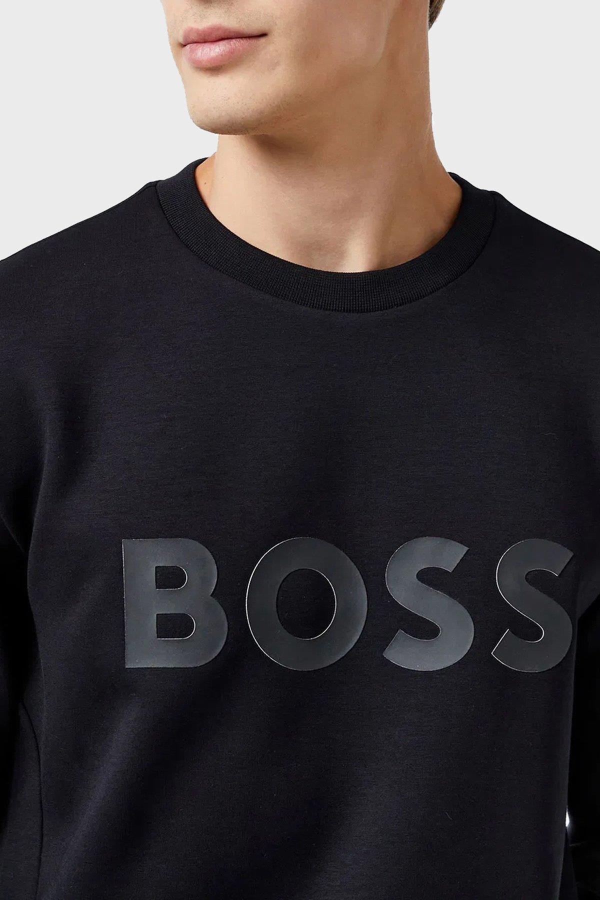 BOSS  BOSS Erkek Regular Fit Ribanalı Yuvarlak Yakalı Esnek Pamuklu Logo Kabartmalı Siyah Sweatshirt 50506119-001