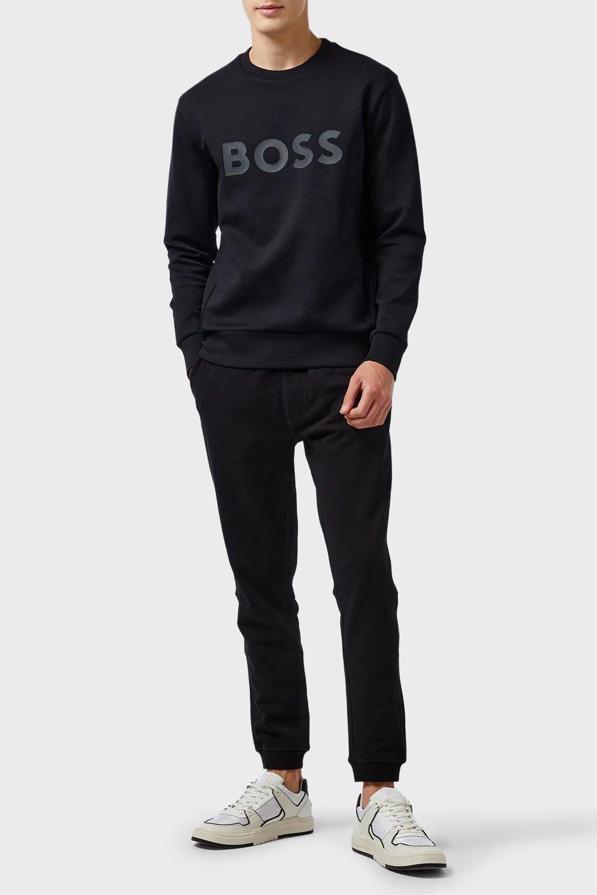 BOSS  BOSS Erkek Regular Fit Ribanalı Yuvarlak Yakalı Esnek Pamuklu Logo Kabartmalı Siyah Sweatshirt 50506119-001