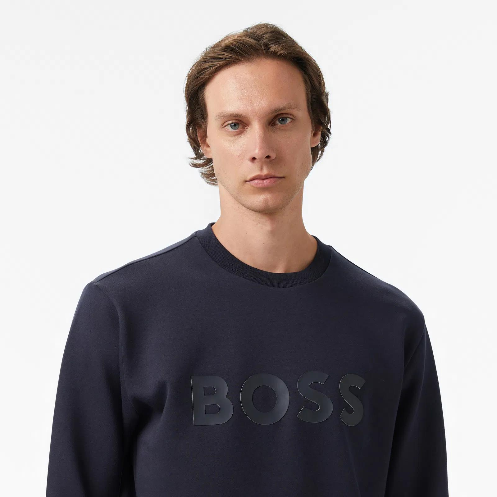 BOSS  BOSS Erkek Regular Fit Ribanalı Yuvarlak Yakalı Esnek Pamuklu Logo Kabartmalı Lacivert Sweatshirt 50506119-402