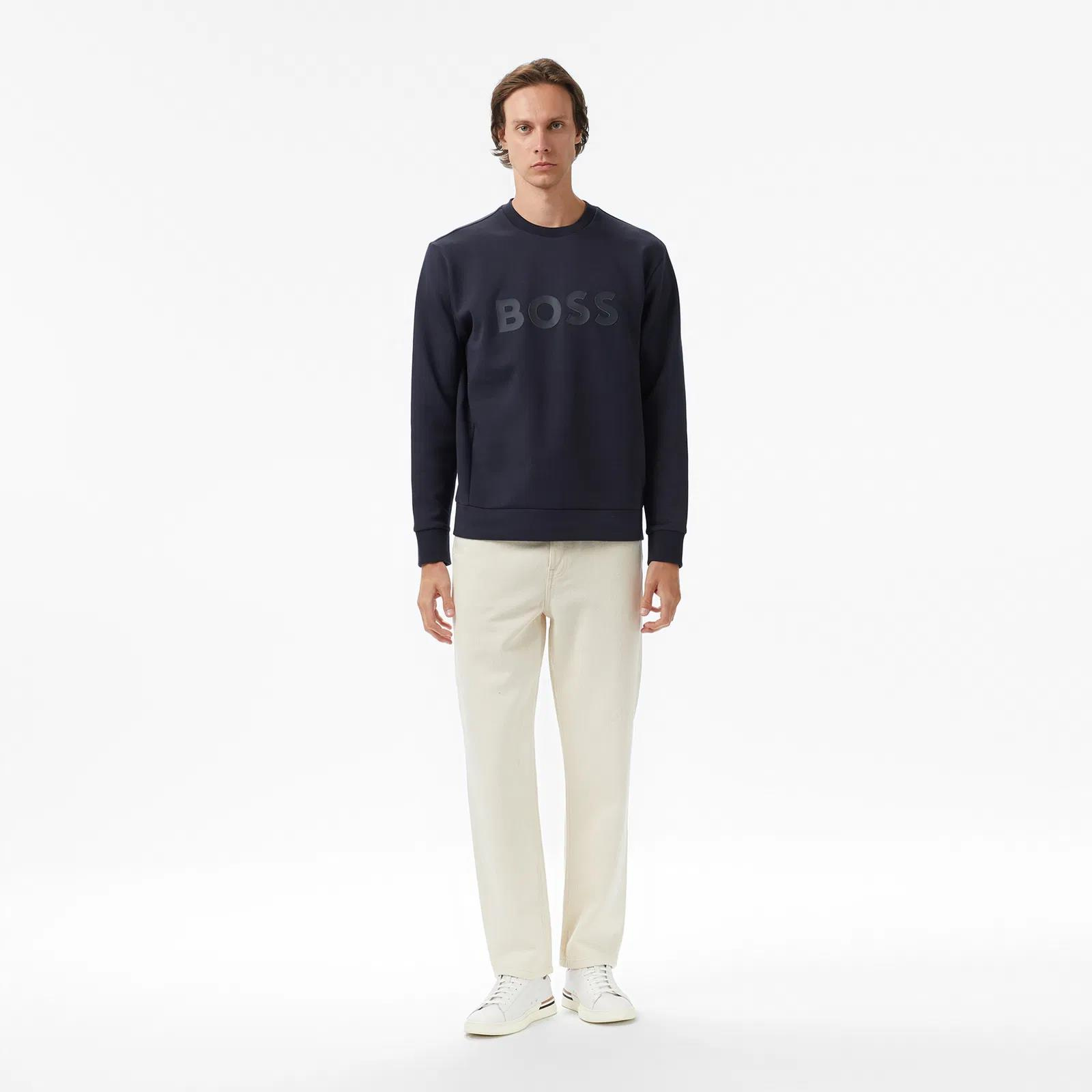 BOSS  BOSS Erkek Regular Fit Ribanalı Yuvarlak Yakalı Esnek Pamuklu Logo Kabartmalı Lacivert Sweatshirt 50506119-402