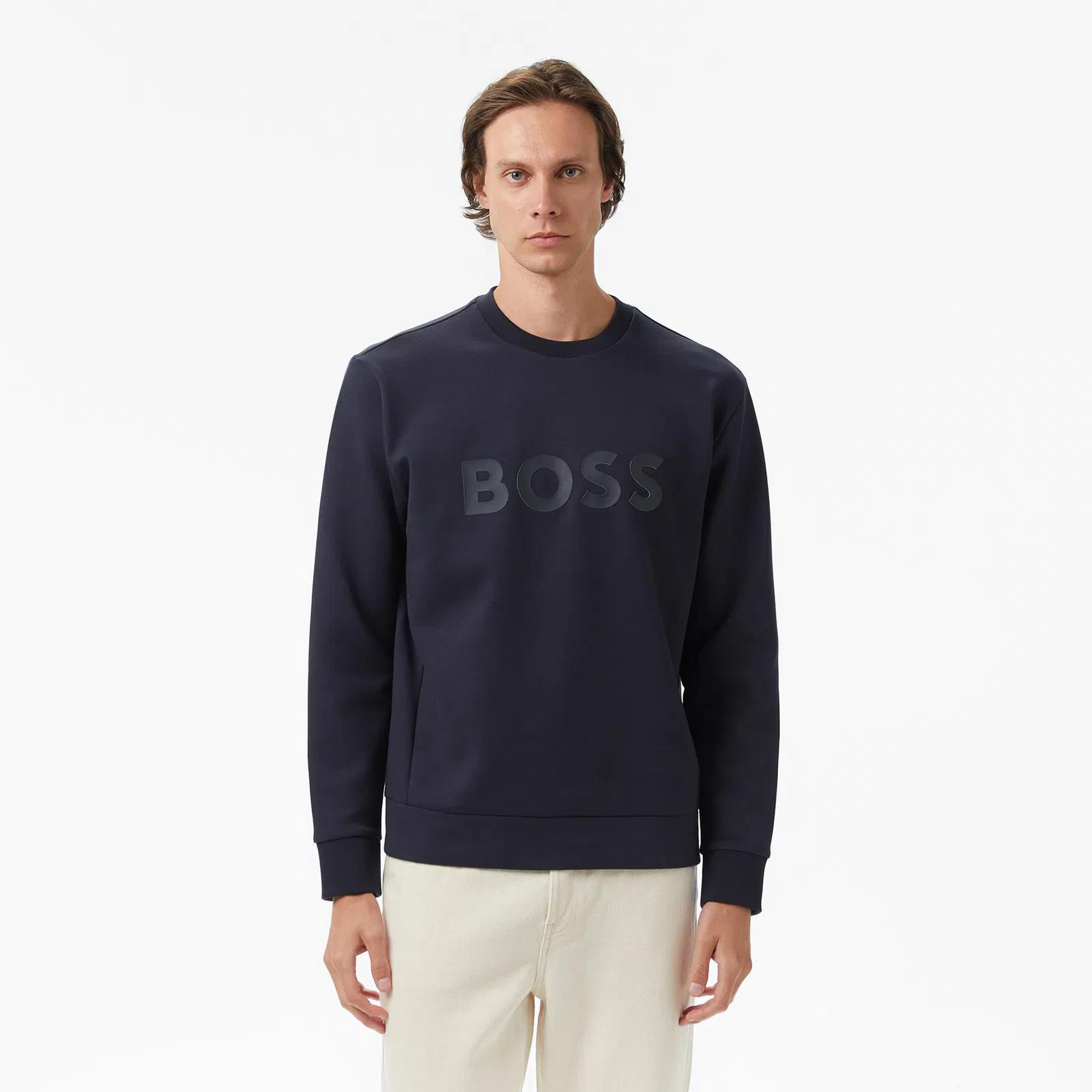 BOSS  BOSS Erkek Regular Fit Ribanalı Yuvarlak Yakalı Esnek Pamuklu Logo Kabartmalı Lacivert Sweatshirt 50506119-402