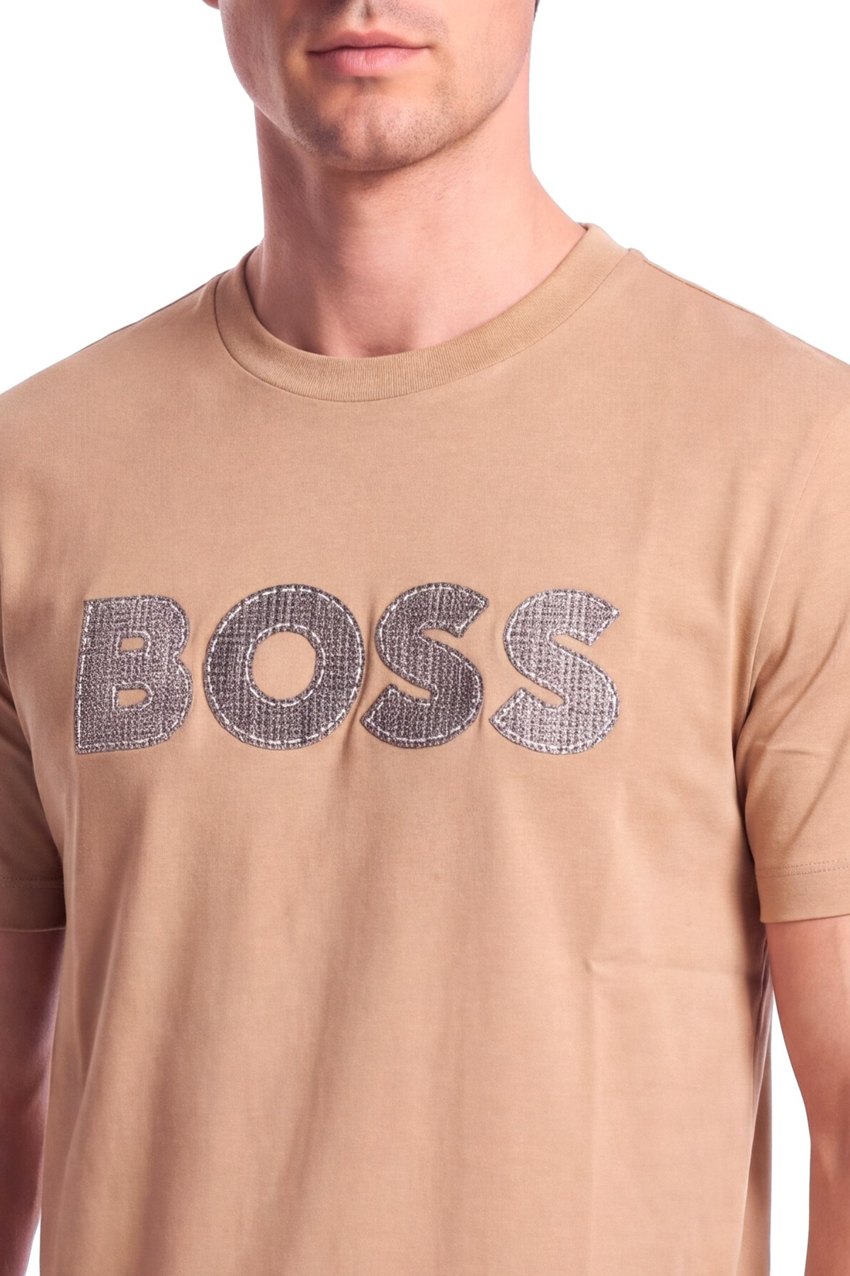 BOSS  BOSS Erkek Regular Fit Yuvarlak Yakalı Logo Detaylı Pamuklu Kısa Kollu Bej T-Shirt 50565630-260