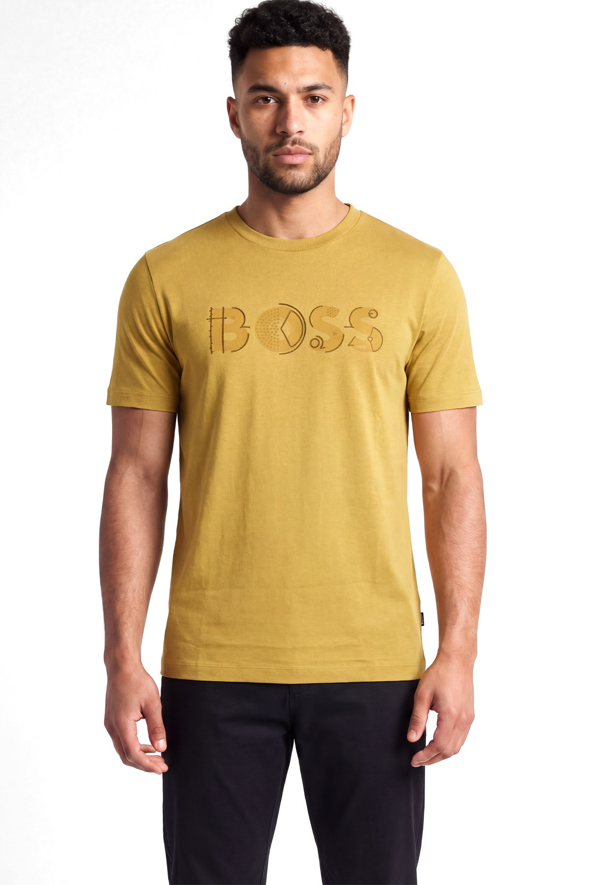 BOSS  BOSS Erkek Regular Fit Yuvarlak Yakalı Logo Detaylı Pamuklu Kısa Kollu Sarı T-Shirt 50565630-714