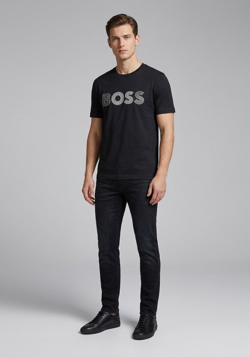BOSS  BOSS Erkek Regular Fit Yuvarlak Yakalı Logo Detaylı Pamuklu Kısa Kollu Siyah T-Shirt 50565630-001
